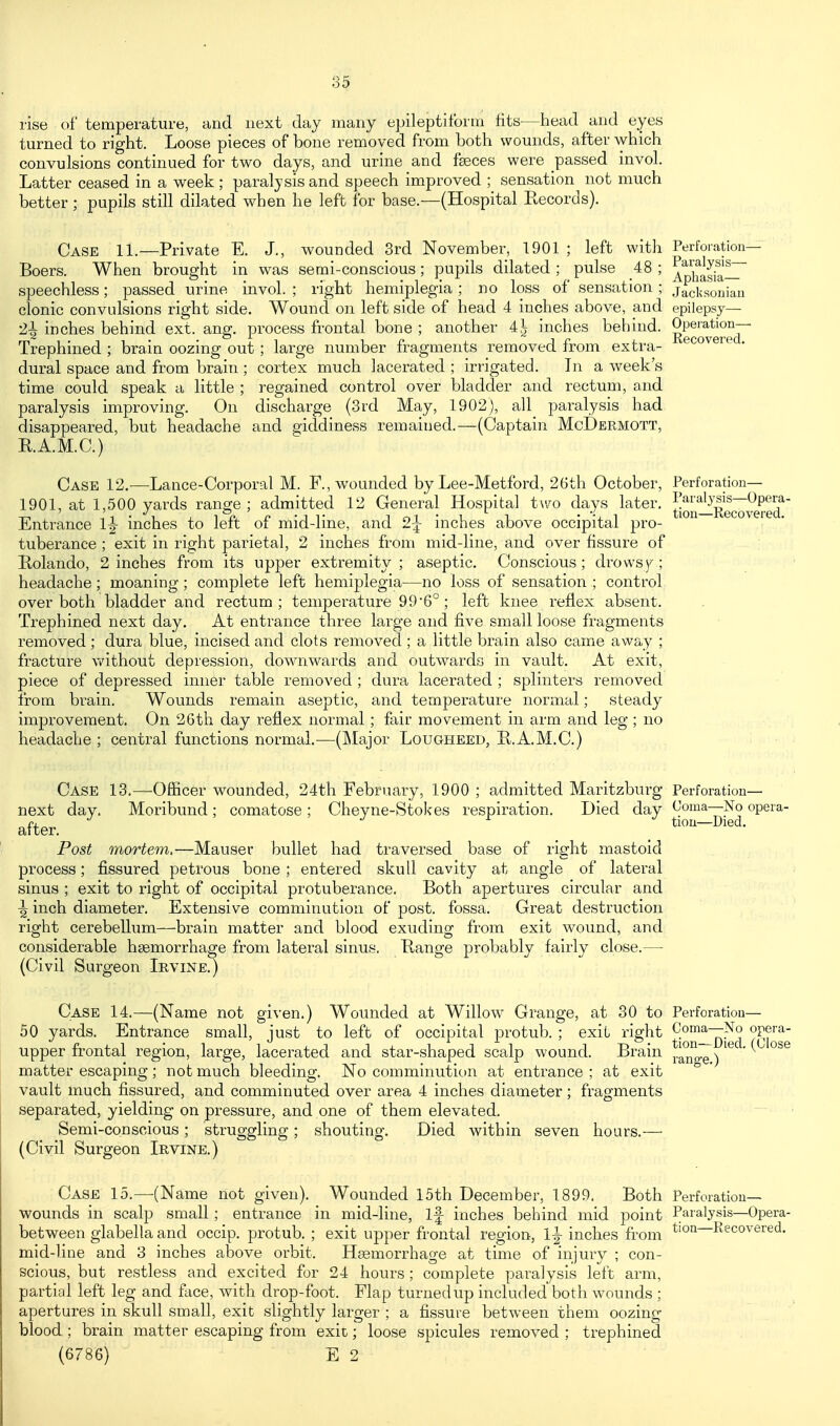 rise of temperature, and next day many epileptiform fits—head and eyes turned to right. Loose pieces of bone removed from both wounds, after which convulsions continued for two days, and urine and faeces were passed invol. Latter ceased in a week; paralysis and speech improved ; sensation not much better ; pupils still dilated when he left for base.—(Hospital Records). Case 11.—Private E. J., wounded 3rd November, 1901 ; left with Boers. When brought in was semi-conscious; pupils dilated ; pulse 48 ; speechless; passed urine invol. ; right hemiplegia ; no loss of sensation ; clonic convulsions right side. Wound on left side of head 4 inches above, and 2-| inches behind ext. ang. process frontal bone ; another 4.^ inches behind. Trephined ; brain oozing out; large number fragments removed from extra- dural space and from brain ; cortex much lacerated ; irrigated. Li a week's time could speak a little ; regained control over bladder and rectum, and paralysis improving. On discharge (3rd May, 1902), all paralysis had disappeared, but headache and giddiness remained.—(Captain McDermott, RA.M.C.) Case 12.—Lance-Corporal M. F., wounded by Lee-Metfbrd, 26th October, 1901, at 1,500 yards range ; admitted 12 General Hospital two days later. Entrance 1|- inches to left of mid-line, and 2^ inches above occipital pro- tuberance ; exit in right parietal, 2 inches from mid-line, and over fissure of Holando, 2 inches from its upper extremity ; aseptic. Conscious; drowse ; headache; moaning ; complete left hemiplegia—no loss of sensation ; control over both bladder and rectum; temperature 99'6° ; left knee reflex absent. Trephined next day. At entrance three large and five small loose fragments removed; dura blue, incised and clots removed ; a little brain also came away ; fracture v/ithout depression, downwards and outwards in vault. At exit, piece of depressed inner table removed ; dura lacerated ; splinters removed from brain. Wounds remain aseptic, and temperature normal; steady improvement. On 26th day reflex normal; fair movement in arm and leg; no headache ; central functions normal.—(IMajor Lougheed, R.A.M.C) Perforation- Paralysis— Aphasia— Jacksouiau epilepsy— Operation— Kecovered. Perforation— Paralysis—Opera- tion—Recovered. Case 13.—Ofiicer wounded, 24th February, 1900 ; admitted Maritzburg Perforation- next day. Moribund : comatose : Chevne-Stokes respiration. Died day Ooma—No opera- after. . , Post mortem,—Mauser bullet had traversed base of right mastoid process; fissured petrous bone; entered skull cavity at angle of lateral sinus ; exit to right of occipital protuberance. Both apertures circular and ^ inch diameter. Extensive comminution of post, fossa. Great destruction right cerebellum—brain matter and blood exuding from exit wound, and considerable haemorrhage from lateral sinus. Bange probably fairly close.— (Civil Surgeon Irvine.) Case 14.—(Name not given.) Wounded at Willow Grange, at 30 to Perforation— 50 yards. Entrance small, just to left of occipital protub. ; exit right %Ure upper frontal region, large, lacerated and star-shaped scalp wound. Brain i-an'ge) matter escaping; not much bleeding. No comminution at entrance ; at exit vault much fissured, and comminuted over area 4 inches diameter; fragments separated, yielding on pressure, and one of them elevated. Semi-conscious; struggling; shouting. Died within seven hours.— (Civil Surgeon Irvine.) Case 15.—(Name not given). Wounded 15th December, 1899, Both Perforation—• wounds in scalp small; entrance in mid-line, If inches behind mid point Paralysis—Opera- between glabella and occip, protub, ; exit upper frontal region, 1^ inches from t'oa—Recovered, mid-line and 3 inches above orbit. Hsemorrhage at time of injury ; con- scious, but restless and excited for 24 hours; complete paralysis left arm, partial left leg and face, with drop-foot. Flap turned up included both wounds ; apertures in skull small, exit slightly larger ; a fissure between them oozing blood ; brain matter escaping from exit; loose spicules removed ; trephined (6786) E 2