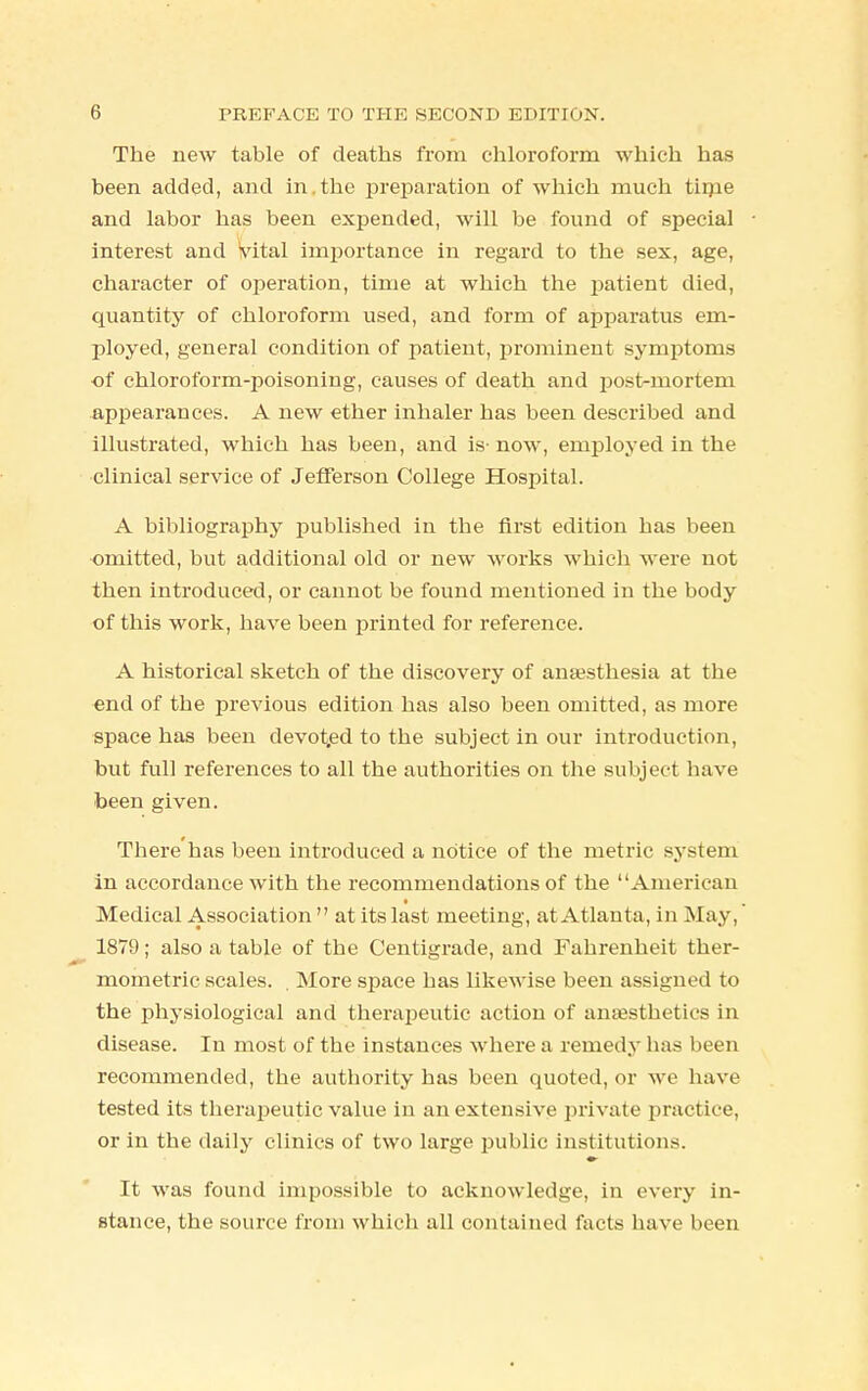The new table of deaths from chloroform which has been added, and in.the preparation of which much tinie and labor has been expended, will be found of special interest and vital importance in regard to the sex, age, character of operation, time at which the patient died, quantity of chloroform used, and form of apparatus em- ployed, general condition of patient, prominent symptoms of chloroform-poisoning, causes of death and post-mortem appearances. A new ether inhaler has been described and illustrated, which has been, and is- now, employed in the clinical service of Jefferson College Hospital. A bibliography published in the first edition has been omitted, but additional old or new works which were not then introduced, or cannot be found mentioned in the body of this work, have been printed for reference. A historical sketch of the discovery of anaesthesia at the end of the previous edition has also been omitted, as more space has been devot.ed to the subject in our introduction, but full references to all the authorities on the subject have been given. There'has been introduced a notice of the metric system in accordance with the recommendations of the American Medical Association  at its last meeting, at Atlanta, in May, 1879; also a table of the Centigrade, and Fahrenheit ther- mometric scales. . More space has likewise been assigned to the physiological and therapeutic action of anaesthetics in disease. In most of the instances where a remedy has been recommended, the authority has been quoted, or we have tested its therapeutic value in an extensive private practice, or in the daily clinics of two large public institutions. It was found impossible to acknowledge, in every in- stance, the source from which all contained facts have been