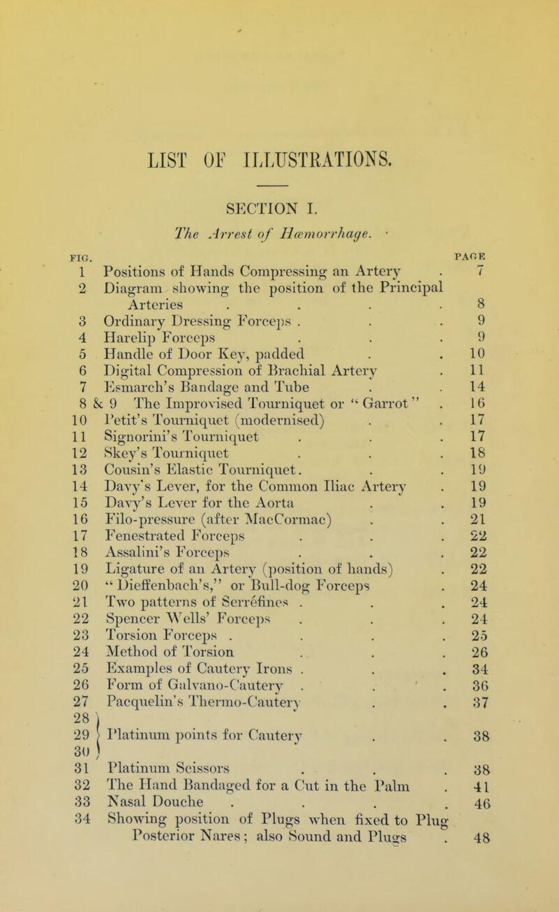 LIST OF ILLUSTRATIONS. SECTION I. The Arrest of Ha-morrhage. • FIG. PACK 1 Positions of Hands Compressing an Artery . 7 2 Diagram showing the position of the Principal Arteries . . . .8 3 Ordinary Dressing Forceps . . .9 4 Harelip Forceps . . .9 5 Handle of Door Key, padded . .10 6 Digital Compression of Brachial Artery . 11 7 Fsmarch's Bandage and Tube . .14 8 & 9 The Improvised Tourniquet or  Garrot  . 16 10 Petit's Tourniquet (modernised) . .17 11 Signorini's Tourniquet . . .17 12 Skey's Tourniquet . . .18 13 Cousin's Elastic Tourniquet . . .19 14 Davy's Lever, for the Common Iliac Artery . 19 15 Davy's Lever for the Aorta . . 19 16 Filo-pressure (after MacCormac) . . 21 17 Fenestrated Forceps . . .22 18 Assalini's Forceps . . .22 19 Ligature of an Artery (position of hands) . 22 20  Dieffenbach's, or Bull-dog Forceps . 24 21 Two patterns of Serrefmcs . . .24 22 Spencer Wells' Forceps . . .24 23 Torsion Forceps . . . .25 24 Method of Torsion . . .26 25 Examples of Cautery Irons . . .34 26 Form of Galvano-Cautery . , .36 27 Pacquelin's Thenno-Oauten . . 37 28 j 29 > Platinum points for Cautery . . 38 30 J 31 Platinum Scissors . . .38 32 The Hand Bandaged for a Cut in the Palm . 41 33 Nasal Douche . . . .46 34 Showing position of Plugs when fixed to Plug Posterior Nares ; also Sound and Plugs . 48