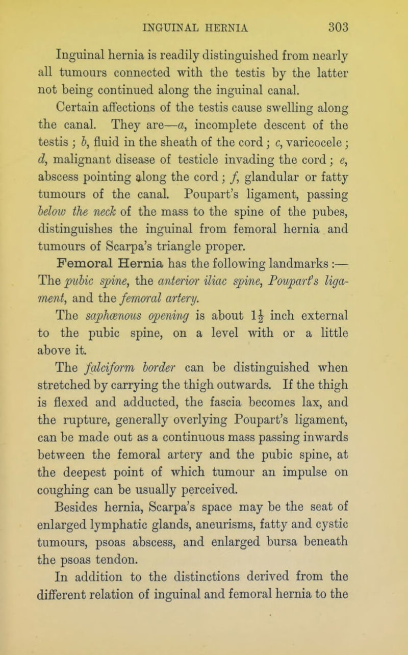 Inguinal hernia is readily distinguished from nearly all tumours connected with the testis by the latter not being continued along the inguinal canal. Certain affections of the testis cause swelling along the canal. They are—a, incomplete descent of the testis ; b, fluid in the sheath of the cord; c, varicocele ; d, malignant disease of testicle invading the cord; e, abscess pointing along the cord; /, glandular or fatty tumours of the canal. Poupart's ligament, passing below the neck of the mass to the spine of the pubes, distinguishes the inguinal from femoral hernia and tumours of Scarpa's triangle proper. Femoral Hernia has the following landmarks :— The pubic spine, the anterior iliac spine, Foupart's liga- ment, and the femoral artery. The saphceno^is opening is about 1| inch external to the pubic spine, on a level with or a little above it. The falciform border can be distinguished when stretched by carrying the thigh outwards. If the thigh is flexed and adducted, the fascia becomes lax, and the rupture, generally overlying Poupart's ligament, can be made out as a continuous mass passing inwards between the femoral artery and the pubic spine, at the deepest point of which tumour an impulse on coughing can be usually perceived. Besides hernia, Scarpa's space may be the seat of enlarged lymphatic glands, aneurisms, fatty and cystic tumours, psoas abscess, and enlarged bursa beneath the psoas tendon. In addition to the distinctions derived from the different relation of inguinal and femoral hernia to the