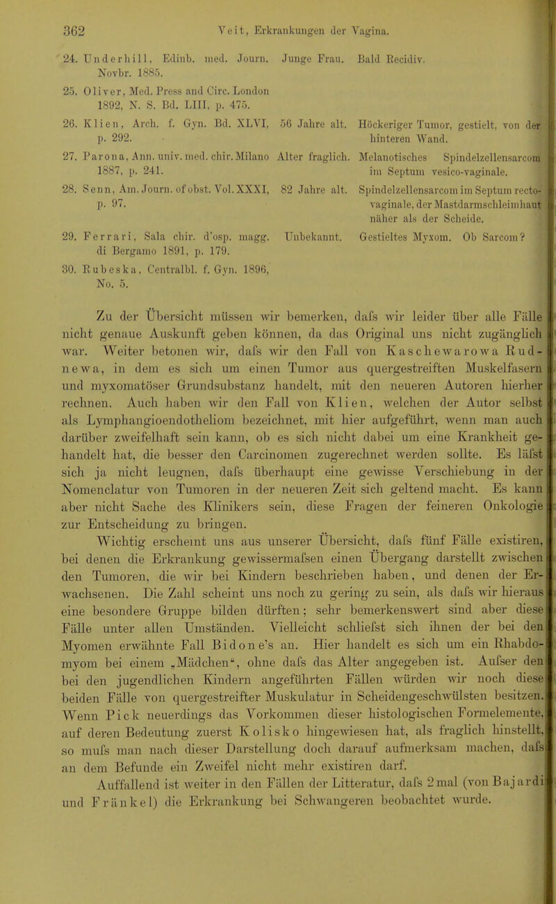 24. TJnderhill, Edinb. nied. Journ. Junge Frau. Novbr. 1885. 25. Oliver, Med. Press and Circ. London 1892, N. S. Bd. LIII, p. 475. 26. Kl i en, Arch. f. Gyn. Bd. XLVI, 56 Jahre alt. p. 292. Bald Piecidiv. Höckeriger Tumor, gestielt, von der hinteren Wand. 27. Parona, Ann. univ. nied. chir.Milano Alter fraglich. 1887, p. 241. 28. Senn, Am. Journ. of obst. Vol.XXXI, 82 Jahre alt. p. 97. Melanotisehes Spindelzellensarcom im Septum vesico-vaginale. Spindelzellensarcom im Septum recto- vaginale, der Mastdarmschleimhaut näher als der Scheide. 29. Ferrari, Sala chir. d’osp. magg. Unbekannt. Gestieltes Myxom. Ob Sarcorn? di Bergamo 1891, p. 179. 30. B u b e s k a, Centralbl. f. Gyn. 1896, No. 5. Zu der Übersicht müssen wir bemerken, dals wir leider über alle Fälle nicht genaue Auskunft geben können, da das Original uns nicht zugänglich xvar. Weiter betonen wir, dafs wir den Fall von Kaschewarowa Rud- newa, in dem es sich um einen Tumor aus quergestreiften Muskelfasern und myxomatöser Grundsubstanz handelt, mit den neueren Autoren hierher rechnen. Auch haben wir den Fall von Ivlien, welchen der Autor selbst als Lymphangioendotheliom bezeichnet, mit hier aufgeführt, wenn man auch darüber zxveifelhaft sein kann, ob es sich nicht dabei um eine Krankheit ge- handelt hat, die besser den Carcinomen zugerechnet werden sollte. Es läfst sich ja nicht leugnen, dafs überhaupt eine gewisse Verschiebung in der Nomenclatur von Tumoren in der neueren Zeit sich geltend macht. Es kann aber nicht Sache des Klinikers sein, diese Fragen der feineren Onkologie zur Entscheidung zu bringen. Wichtig erscheint uns aus unserer Übersicht, dafs fünf Fälle existiren, bei denen die Erkrankung gewissermafsen einen Übergang darstellt zwischen den Tumoren, die wir bei Kindern beschrieben haben, und denen der Er- wachsenen. Die Zahl scheint uns noch zu gering zu sein, als dafs wir hieraus eine besondere Gruppe bilden dürften; sehr bemerkenswert sind aber diese Fälle unter allen Umständen. Vielleicht schliefst sich ihnen der bei den Myomen erwähnte Fall B i d o n e’s an. Hier handelt es sich um ein Rhabdo- myom bei einem „Mädchen“, ohne dafs das Alter angegeben ist. Aufser den bei den jugendlichen Kindern angeführten Fällen würden wir noch diese beiden Fälle von quergestreifter Muskulatur in Scheidengeschwülsten besitzen. Wenn Pick neuerdings das Vorkommen dieser histologischen Formelemente, auf deren Bedeutung zuerst Kolisko hingewiesen hat, als fraglich hinstellt, so mufs man nach dieser Darstellung doch darauf aufmerksam machen, dafs an dem Befunde ein Zweifel nicht mehr existiren darf. Auffallend ist weiter in den Fällen der Litteratur, dafs 2mal (von Bajardi und Fränkel) die Erkrankung bei Schwangeren beobachtet wurde.