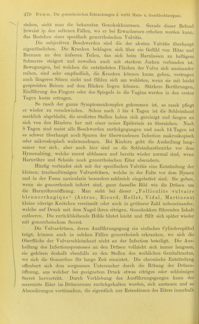 I stellen, sieht man die bekannten Gonokokkenrasen. Gerade dieser Befund beweist in den seltenen Fällen, wo er bei Erwachsenen erhoben werden kann, das Bestellen einer specifisch gonorrhoischen Vulvitis. Die subjectiven Beschwerden sind die der akuten Vulvitis überhaupt eigentümlichen. Die Kranken beklagen sich über ein Gefühl von Hitze und Brennen an den äufseren Teilen, das sich beim Harnlassen zu heftigem Schmerze steigert und zuweilen auch mit starkem Jucken verbunden ist. Bewegungen, bei welchen die entzündeten Flächen der Vulva sich aneinander reiben, sind sehr empfindlich, die Kranken können kaum gehen, vertragen auch längeres Sitzen nicht und fühlen sich am wohlsten, wenn sie mit leicht gespreizten Beinen auf dem Rücken liegen können. Stärkere Berührungen, Einführung des Fingers oder des Spiegels in die Vagina werden in den ersten Tagen kaum ertragen. So rasch der ganze Symptomenkomplex gekommen ist, so rasch pflegt er wieder zu verschwinden. Schon nach 3 bis 4 Tagen ist die Schleimhaut merklich abgeblafst, die erodirten Stellen haben sich gereinigt und fangen an sich von den Rändern her mit einer neuen Epidermis zu überziehen. Nach 8 Tagen sind meist alle Beschwerden zurückgegangen und nach 14 Tagen ist es schwer überhaupt noch Spuren der überwundenen Infection makroskopisch oder mikroskopisch wahrzunehmen. Bei Kindern geht die Ausheilung lang- samer vor sich, aber auch hier sind es die Schleimhautbezirke vor dem Hymenalring, welche zuerst abblassen und bereits wieder normal sind, wenn Harnröhre und Scheide noch gonorrhoischen Eiter absondern. Häufig verbindet sich mit der specifischen Vulvitis eine Entzündung der kleinen, traubenförmigen Vulvardrüsen, welche in der Falte vor dem Hymen und in der Fossa navicularis besonders zahlreich eingebettet sind. Sie geben, wenn sie gonorrhoisch inficirt sind, ganz dasselbe Bild wie die Drüsen um die Harnröhrenöffnung. Man sieht bei dieser „Folliculite vulvaire b 1 ennorrhagique “ (Astr uc, Ricord, Rollet, Vida 1, Martineau) kleine eiterige Knötchen vereinzelt oder auch in gröfserer Zahl nebeneinander, welche auf Druck mit dem Nagel ihren eitrigen, Gonokokken führenden Inhalt entleeren. Die zurückbleibende Höhle blutet leicht und füllt sich später wieder mit gonorrhoischem Secret. Die Vulvardrüsen, deren Ausführungsgang ein einfaches Cylinderepithel trägt, können auch in solchen Fällen gonorrhoisch erkranken, wo sich die Oberfläche der Vulvarschleimhaut nicht an der Infection beteiligt. Die Aus- heilung des Infectionsprozesses an den Drüsen vollzieht sich immer langsam, sie gehören deshalb ebenfalls zu den Stellen des weiblichen Genitaltractus, wo sich die Gonorrhoe für lange Zeit einnistet. Die chronische Entzündung offenbart sich dem sorgsamen Untersucher durch die Rötung der Drüsen- öffnung, aus welcher bei geeignetem Druck etwas eitriges oder schleimiges Secret hervortritt. Durch Verklebung des Ausführungsganges kann der secernirte Eiter im Drüsenraum zurückgehalten werden, sich anstauen und so Abscedirungen Vortäuschen, die eigentlich nur Retentionen des Eiters innerhalb