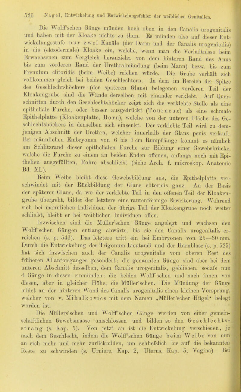 Die Wölfischen Gänge münden hoch oben in den Canalis urogenitalis und haben mit der Kloake nichts zu thun. Es münden also auf dieser Ent- wickelungsstufe nur zwei Kanäle (der Darm und der Canalis urogenitalis) m die (ektodeimale) Kloake ein, welche, wenn man die Verhältnisse heim Erwachsenen zum Vergleich heranzieht, von dem hinteren Rand des Anus bis zum vorderen Rand der Urethralmündung (beim Mann) bezw. bis zum Frenulum clitoridis (beim Weibe) reichen würde. Die Grube verhält sich vollkommen gleich bei beiden Geschlechtern. In dem im Bereich der Spitze des Geschlechtshöckers (der späteren Glans) belegenen vorderen Teil der Kloakengrube sind die Wände derselben mit einander verklebt. Auf Quer- schnitten durch den Geschlechtshöcker zeigt sich die verklebte Stelle als eine epitheliale Furche, oder besser ausgedrückt (Tourneux) als eine schmale Epithelplatte (Kloakenplatte, Born), welche von der unteren Fläche des Ge- schlechtshöckers in denselben sich einsenkt. Der verklebte Teil wird zu dem- jenigen Abschnitt der Urethra, welcher innerhalb der Glans penis verläuft. Bei männlichen Embryonen von 6 bis 7 cm Rumpflänge kommt es nämlich am Schlitzrand dieser epithelialen Furche zur Bildung einer Gewebsbrücke, welche die Furche zu einem an beiden Enden offenen, anfangs noch mit Epi- thelien ausgefüllten, Rohre abschliefst (siehe Arch. f. mikroskop. Anatomie Bd. XL). Beim Weibe bleibt diese Gewebsbildung aus, die Epithelplatte ver- schwindet mit der Rückbildung der Glans clitoridis ganz. An der Basis der späteren Glans, da wo der verklebte Teil in den offenen Teil der Kloaken- grube übergeht, bildet der letztere eine rautenförmige Erweiterung. Während sich bei männlichen Individuen der übrige Teil der Kloakengrube noch weiter schliefst, bleibt er bei weiblichen Individuen offen. Inzwischen sind die Müller’schen Gänge angelegt und wachsen den Wolff’schen Gängen entlang abwärts, bis sie den Canalis urogenitalis er- reichen (s. p. 543). Das letztere tritt ein bei Embryonen von 25—30 mm. Durch die Entwickelung des Trigonum Lieutaudi und der Harnblase (s. p. 525) hat sich inzwischen auch der Canalis urogenitalis vom oberen Rest des früheren Allantoisganges gesondert; die genannten Gänge sind aber bei dem unteren Abschnitt desselben, dem Canalis urogenitalis, geblieben, sodafs nun 4 Gänge in diesen einmünden: die beiden Wolff’schen und nach innen von diesen, aber in gleicher Höhe, die Müller’schen. Die Mündung der Gänge bildet an der hinteren Wand des Canalis urogenitalis einen kleinen Vorsprung, welcher von v. Mihalkovics mit dem Namen „Miiller’sclier Flügel“ belegt worden ist. Die Miillers’schen und Wolff’schen Gänge werden von einer gemein- schaftlichen Gewebsmasse umschlossen und bilden so den Geschlechts- strang (s. Kap. 5). Von jetzt an ist die Entwickelung verschieden, je nach dem Geschlecht, indem die Wolff’schen Gänge beim Weibe von nun an sich mehr und mehr zurückbilden, um schliefslich bis auf die bekannten Reste zu schwinden (s. Urniere, Kap. 2, Uterus, Kap. 5, Vagina). Bei