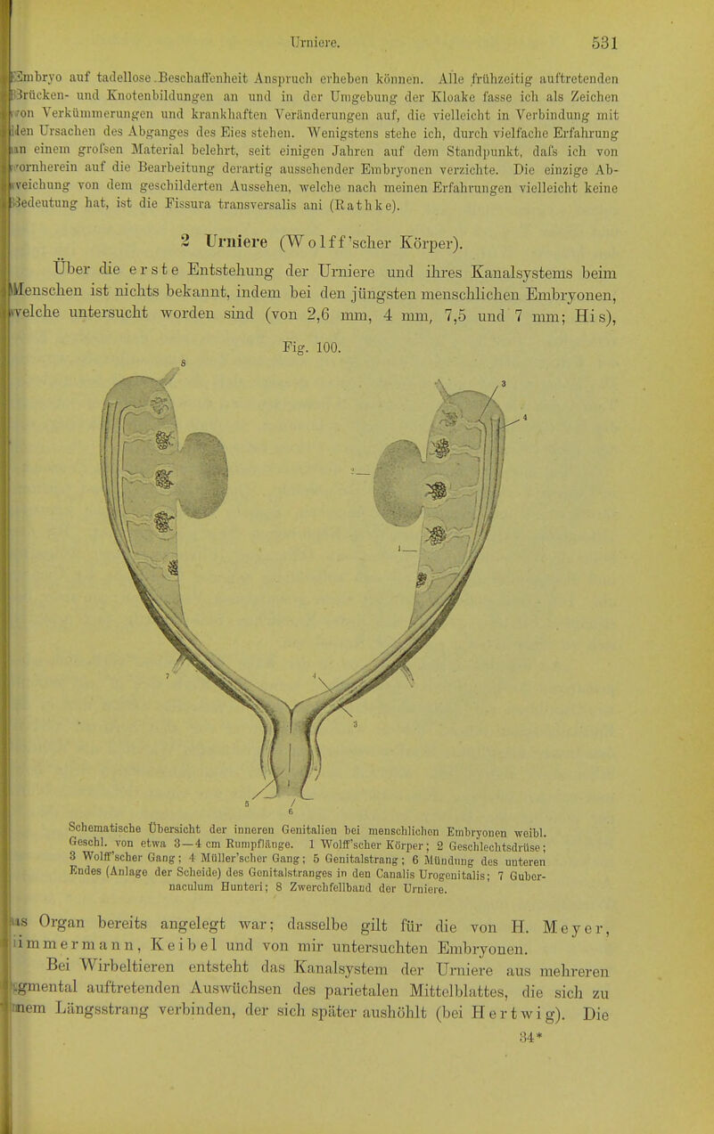 ■Embryo auf tadellose .Beschaffenheit Anspruch erheben können. Alle frühzeitig auftretenden drücken- und Knotenbildungen an und in der Umgebung der Kloake fasse ich als Zeichen iion Verkümmerungen und krankhaften Veränderungen auf, die vielleicht in Verbindung mit len Ursachen des Abganges des Eies stehen. Wenigstens stehe ich, durch vielfache Erfahrung in einem grolsen Material belehrt, seit einigen Jahren auf dein Standpunkt, dafs ich von ,'ornherein auf die Bearbeitung derartig aussehender Embryonen verzichte. Die einzige Ab- veichung von dem geschilderten Aussehen, welche nach meinen Erfahrungen vielleicht keine Jedeutung hat, ist die Fissura transversalis ani (Ratlike). 2 Tiriliere (Wolff’sclier Körper). Über die erste Entstellung der Urniere und ihres Kanalsystems beim 'Menschen ist nichts bekannt, indem bei den jüngsten menschlichen Embryonen, welche untersucht worden sind (von 2,6 mm, 4 mm, 7,5 und 7 mm; His), Fig. 100. 8 ns Organ bereits angelegt war; dasselbe gilt für die von H. Meyer, lim inermann, Keibel und von mir untersuchten Embryonen. Bei Wirbeltieren entsteht das Kanalsystem der Urniere aus mehreren fgmental auftretenden Auswüchsen des parietalen Mittelblattes, die sich zu :nem Längsstrang verbinden, der sich später aushöhlt (bei Hertwig). Die 34*