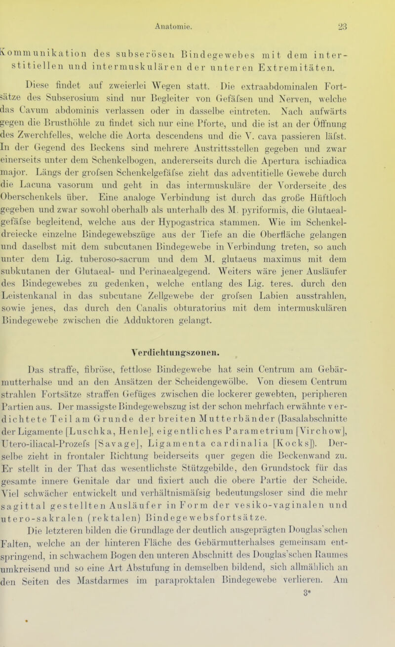 [Kommunikation des subserösen Bindegewebes mit dem inter- stitiellen und intermuskulären der unteren Extremitäten. Diese findet auf zweierlei Wegen statt. Die extraabdominalen Fort- Bätze des Subserosium sind nur Begleiter von Gefäi'sen und Nerven, welche das Cavum abdominis verlassen oder in dasselbe eintreten. Nach aufwärts gegen die Brusthöhle zu findet sich nur eine Pforte, und die ist an der Öönung des Zwerchfelles, welche die Aorta descendens und die Y. cava passieren läfst. In der Gegend des Beckens sind mehrere Austrittsstellen gegeben und zwar einerseits unter dem Schenkelbogen, andererseits durch die Apertura ischiadica major. Längs der grofsen Schenkelgefäfse zieht das adventitielle Gewebe durch die Lacuna vasorum und geht in das intermuskuläre der Vorderseite des Oberschenkels über. Eine analoge Verbindung ist durch das große Hüftloch gegeben und zwar sowohl oberhalb als unterhalb des M. pyriformis, die Glutaeal- gefäfse begleitend, welche aus der Hypogastrica stammen. Wie im Schenkel- dreiecke einzelne Bindegewebszüge aus der Tiefe an die Oberfläche gelangen und daselbst mit dem subcutanen Bindegewebe in Verbindung treten, so auch unter dem Lig. tuberoso-sacrum und dem M. glutaeus maximus mit dem subkutanen der Glutaeal- und Perinaealgegend. Weiters wäre jener Ausläufer des Bindegewebes zu gedenken, welche entlang des Lig. teres. durch den Leistenkanal in das subcutane Zellgewebe der grofsen Labien ausstrahlen, sowie jenes, das durch den Canalis obturatorius mit dem intermuskulären Bindegewebe zwischen die Adduktoren gelangt. Yerdiclitungszoiien. Das strafte, fibröse, fettlose Bindegewebe hat sein Centrum am Gebär- mutterhalse und an den Ansätzen der Scheidengewölbe. Von diesem Centrum strahlen Fortsätze straffen Gefüges zwischen die lockerer gewebten, peripheren Partien aus. Der massigsteBindegewebszug ist der schon mehrfach erwähnte ver- dichtete Teil am Grunde der breiten Mutterbänder (Basalabschnitte der Ligamente [Luschka, HenleJ, eigentliches Parametrium [VirchowJ, Utero-iliacal-Prozefs [Savage], Ligamenta cardinalia [Kocks]). Der- selbe zieht in frontaler Pachtung beiderseits quer gegen die Beckenwand zu. Er stellt in der That das wesentlichste Stützgebilde, den Grundstock für das gesamte innere Genitale dar und fixiert auch die obere Partie der Scheide. Viel schwächer entwickelt und verhältnismäfsig bedeutungsloser sind die mehr sagittal gestellten Ausläufer in Form der vesiko-vaginalen und utero-sakralen (rektalen) Bindegewebsfortsätze. Die letzteren bilden die Grundlage der deutlich ausgeprägten Douglas'schen Falten, Avelche an der hinteren Fläche des Gebärmutterlialses gemeinsam ent- S[)ringend, in schwachem Bogen den unteren Abschnitt des Douglas'scben Piaumes umkreisend und so eine Art Abstufung in demselben bildend, sich allmälilicli an den Seiten des Mastdarmes im paraproktalen Bindegewebe verlieren. Am 3*