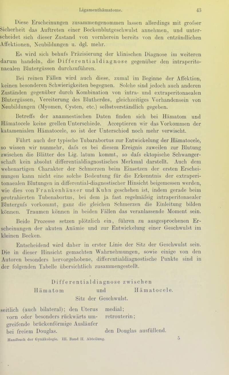 Diese Ersclieinimgen zusammengenommen lassen allerdings mit grofser Sicherheit das Auftreten einer Beckenblutgeschwulst annehmen, und unter- scheidet sich dieser Zustand von vornherein bereits von den entzündlichen Alfektionen, Neubildungen u. dgl. mehr. Es wird sich behufs Präzisierung der klinischen Diagnose im weiteren darum handeln, die Differentialdiagnose gegenüber den intraperito- naealen Blutergüssen durchzuführen. Bei reinen Fällen wird auch diese, zumal im Beginne der Affektion, keinen besonderen Schwierigkeiten begegnen. Solche sind jedoch auch anderen Zuständen gegenüber durch Kombination von intra- und extraperitonaealen Blutergüssen, Vereiterung des Blutherdes, gleichzeitiges Vorhandensein von Neubildungen (Myomen, Cysten, etc.) selbstverständlich gegeben. Betreffs der anamnestischen Daten finden sich bei Hämatom und Hämatocele keine grellen Unterschiede. Acceptieren wir das Vorkommen der katamenialen Hämatocele, so ist der Unterschied noch mehr verwischt. Führt auch der typische Tubarabortus zur Entwickelung der Hämatocele, so wissen wir nunmehr, dafs es bei diesem Ereignis zuweilen zur Blutung zwischen die Blätter des Lig. latum kommt, so dafs ektopische Schwanger- schaft kein absolut differentialdiagnostisches Merkmal darstellt. Auch dem wehenartigen Charakter der Schmerzen beim Einsetzen der ersten Erschei- nungen kann nicht eine solche Bedeutung für die Erkenntnis der extraperi- tonaealen Blutungen in differential-diagnostischer Hinsicht beigemessen werden, wie dies von Frankenhäuser und Kuhn geschehen ist, indem gerade beim protrahierten Tubenabortus, bei dem ja fast regelmäfsig intraperitonaealer Blutergufs vorkommt, ganz die gleichen Schmerzen die Einleitung bilden können. Traumen können in beiden Fällen das veranlassende Moment sein. Beide Prozesse setzen plötzlich ein, führen zu ausgesprochenen Er- scheinungen der akuten Anämie und zur Entwickelung einer Geschwulst im kleinen Becken. Entscheidend wird daher in erster Linie der Sitz der Geschwulst sein. Die in dieser Hinsicht gemachten Wahrnehmungen, sowie einige von den Autoren besonders hervorgehobene, difterentialdiagnostische Punkte sind in der folgenden Tabelle übersichtlich zusammengestellt. Differentialdiagnose zwischen Hämatom und Hämatocele. Sitz der Geschwulst. seitlich (auch bilateral); den Uterus medial; vorn oder besonders rückwärts um- retrouterin; greifende brückenförmige Ausläufer bei freiem Douglas. den Douglas ausfüllend. Handbuch der Gynäkologie. III. Band II. Abteilung. 5