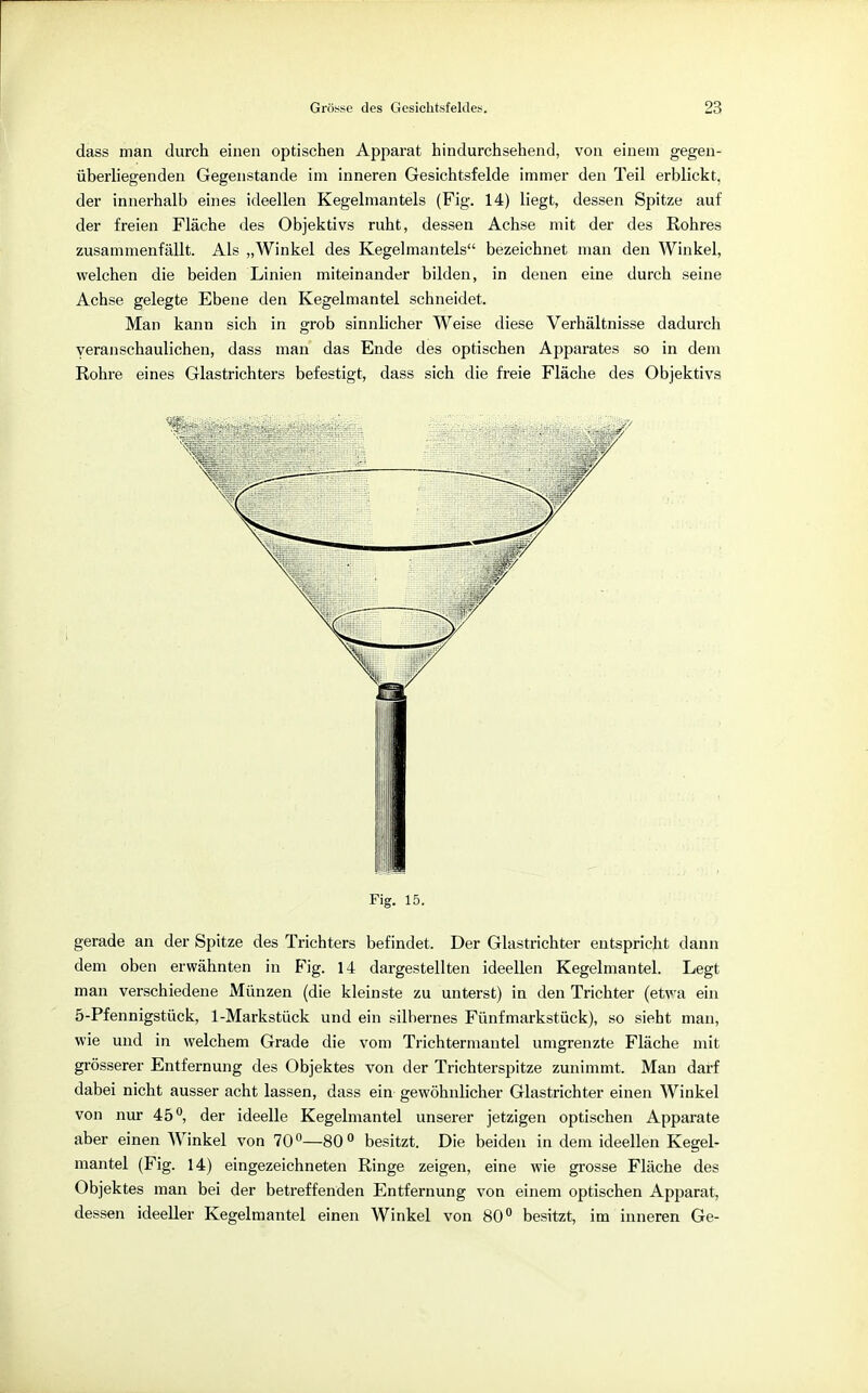 dass man durch einen optischen Apparat hindurchsehend, von einem gegen- überliegenden Gegenstande im inneren Gesichtsfelde immer den Teil erblickt, der innerhalb eines ideellen Kegelmantels (Fig. 14) liegt, dessen Spitze auf der freien Fläche des Objektivs ruht, dessen Achse mit der des Rohres zusammenfällt. Als „Winkel des Kegelmantels bezeichnet man den Winkel, welchen die beiden Linien miteinander bilden, in denen eine durch seine Achse gelegte Ebene den Kegelmantel schneidet. Man kann sich in grob sinnlicher Weise diese Verhältnisse dadurch veranschaulichen, dass man das Ende des optischen Apparates so in dem Rohre eines Glastrichters befestigt, dass sich die freie Fläche des Objektivs Fig. 15. gerade an der Spitze des Trichters befindet. Der Glastrichter entspricht dann dem oben erwähnten in Fig. 14 dargestellten ideellen Kegelmantel. Legt man verschiedene Münzen (die kleinste zu unterst) in den Trichter (etwa ein 5-Pfennigstück, 1-Markstück und ein silbernes Fünfmarkstück), so sieht man, wie und in welchem Grade die vom Trichtermantel umgrenzte Fläche mit grösserer Entfernung des Objektes von der Trichterspitze zunimmt. Man darf dabei nicht ausser acht lassen, dass ein gewöhnlicher Glastrichter einen Winkel von nur 45°, der ideelle Kegelmantel unserer jetzigen optischen Apparate aber einen Winkel von 70°—80° besitzt. Die beiden in dem ideellen Kegel- mantel (Fig. 14) eingezeichneten Ringe zeigen, eine wie grosse Fläche des Objektes man bei der betreffenden Entfernung von einem optischen Apparat, dessen ideeller Kegelmantel einen Winkel von 80° besitzt, im inneren Ge-