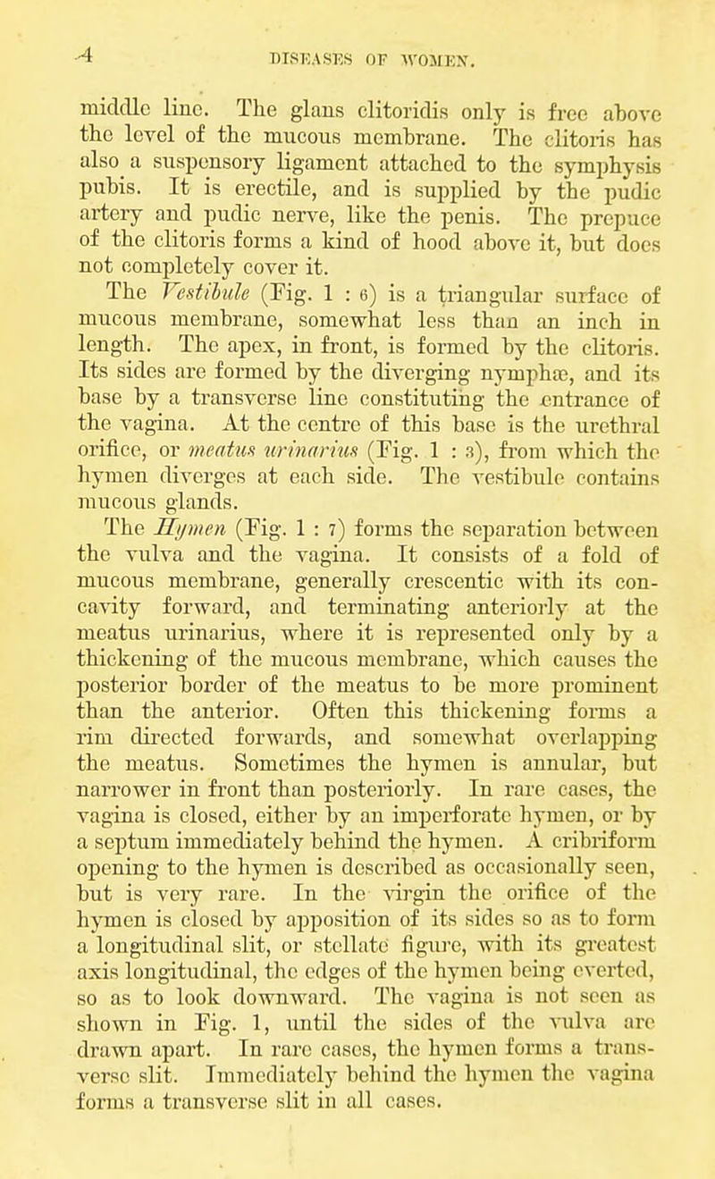 A middle Hue. The glans clitoridis only is free above the level of the mucous membrane. The clitoris has also^ a suspensory ligament attached to the symphysis pubis. It is erectile, and is supplied by the pudic artery and pudic nerve, like the penis. The prepuce of the clitoris forms a kind of hood above it, but does not completely cover it. The Vestibule (Fig. 1 : e) is a triangular surface of mucous membrane, somewhat less than an inch in length. The apex, in front, is formed by the clitoris. Its sides are formed by the diverging nynipha), and its base by a transverse line constituting the entrance of the vagina. At the centre of this base is the urethral orifice, or meatus wrinariw (Fig. 1 : s), from which the hymen diverges at each side. The vestibule contains mucous glands. The Hymen (Fig. 1 : 7) forms the separation between the vulva and the vagina. It consists of a fold of mucous membrane, generally crescentic with its con- cavity forward, and terminating anteriorly at the meatus urinarius, where it is represented only by a thickening of the mucous membrane, which causes the posterior border of the meatus to be more prominent than the anterior. Often this thickening forms a rim directed forwards, and somewhat overlapping the meatus. Sometimes the hymen is annular, but narrower in front than posteriorly. In rare cases, the vagina is closed, either by an imperforate hymen, or by a septum immediately behind the hymen. A cribriform opening to the hymen is described as occasionally seen, but is very rare. In the virgin the orifice of the hymen is closed by apposition of its sides so as to form a longitudinal slit, or stellate figure, with its greatest axis longitudinal, the edges of the hymen being everted, so as to look downward. The vagina is not seen as shown in Fig. 1, until the sides of the vulva are drawn apart. In rare cases, the hymen forms a trans- verse slit. Immediately behind the hymen the vagina forms a transverse slit in all cases.