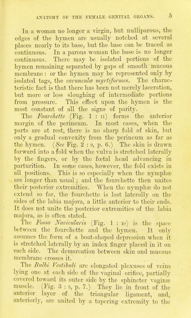 In a woman no longer a virgin, but nulliparous, the edges of the hymen are usually notched at several places nearly to its base, but the base can be traced as continuous. In a parous woman the base is no longer continuous. There may be isolated portions of the hymen remaining separated by gaps of smooth mucous membrane : or the hymen may be represented only by isolated tags, the carunculce myrtiformes. The charac- teristic fact is that there has been not merely laceration, but more or less sloughing of intermediate portions from pressure. This effect upon the hymen is the most constant of all the signs of parity. The Fourchette (Fig. 1 : u) forms the anterior margin of the perineum. In most cases, when the parts are at rest, there is no sharp fold of skin, but only a gradual convexity from the perineum as far as the hymen. (See Fig. 2 : 9, p. 6.) The skin is drawn forward into a fold when the vulva is stretched laterally by the fingers, or by the foetal head advancing in parturition. In some cases, however, the fold exists in all positions. This is so especially when the nymphse are longer than usual; and the fourchette then unites their posterior extremities. When the nympha; do not extend so far, the fourchette is lost laterally on the sides of the labia inajora, a little anterior to their ends. It does not unite the posterior extremities of the labia majora, as is often stated. The Fossa Naincularis (Fig. 1 : iu) is the space between the fourchette and the hymen. It only assumes the form of a boat-shaped depression when it is stretched laterally by an index finger placed in it on each side. The demarcation between skin and mucous membrane crosses it. The Jiulbi Vestibdi are elongated plexuses of veins lying one at each side of the vaginal orifice, partially covered toward its outer side by the sphincter vaginas muscle. (Fig. 3 : 5, p. 7.) They lie in front of the anterior layer of the triangular ligament, and, anteriorly, are united by a tapering extremity to the