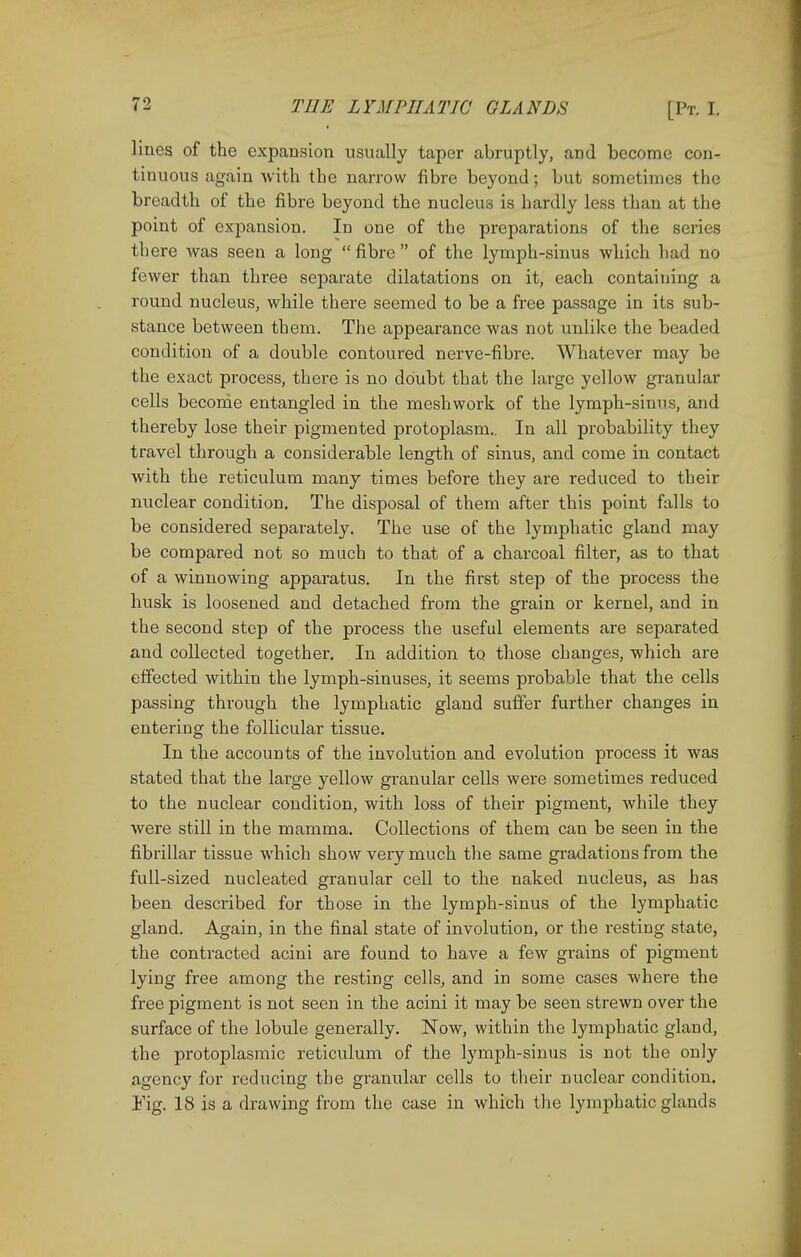 lines of the expansion usually taper abruptly, and become con- tinuous again with the narrow fibre beyond; but sometimes the breadth of the fibre beyond the nucleus is hardly less than at the point of expansion. In one of the preparations of the series there was seen a long fibre of the lymph-sinus which had no fewer than three separate dilatations on it, each containing a round nucleus, while there seemed to be a free passage in its sub- stance between them. The appearance was not unlike the beaded condition of a double contoured nerve-fibre. Whatever may be the exact process, there is no doubt that the large yellow granular cells become entangled in the meshwork of the lymph-sinus, and thereby lose their pigmented protoplasm.. In all probability they travel through a considerable length of sinus, and come in contact with the reticulum many times before they are reduced to their nuclear condition. The disposal of them after this point falls to be considered separately. The use of the lymphatic gland may be compared not so much to that of a charcoal filter, as to that of a winnowing apparatus. In the first step of the process the husk is loosened and detached from the grain or kernel, and in the second step of the process the useful elements are separated and collected together. In addition to those changes, which are effected within the lymph-sinuses, it seems probable that the cells passing through the lymphatic gland suffer further changes in entering the follicular tissue. In the accounts of the involution and evolution process it was stated that the large yellow granular cells were sometimes reduced to the nuclear condition, with loss of their pigment, while they were still in the mamma. Collections of them can be seen in the fibrillar tissue which show very much the same gradations from the full-sized nucleated granular cell to the naked nucleus, as has been described for those in the lymph-sinus of the lymphatic gland. Again, in the final state of involution, or the resting state, the contracted acini are found to have a few grains of pigment lying free among the resting cells, and in some cases where the free pigment is not seen in the acini it may be seen strewn over the surface of the lobule generally. Now, within the lymphatic gland, the protoplasmic reticulum of the lymph-sinus is not the only agency for reducing the granular cells to their nuclear condition. Yig. 18 is a drawing from the case in which the lymphatic glands