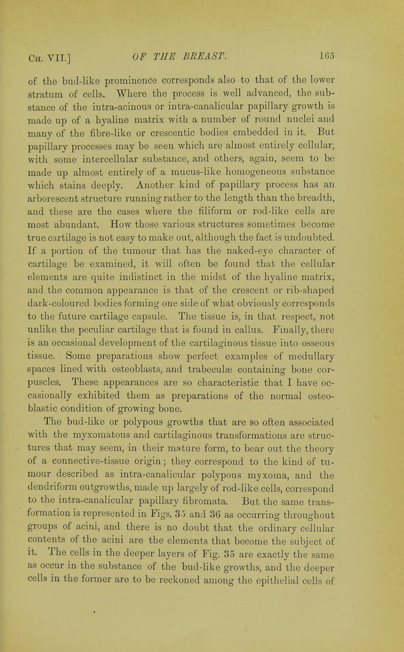 of the bud-like prominence corresponds also to that of the lower Stratum of cells. Where the process is well advanced, the sub- stance of the intra-acinous or intra-canalicular papillary growth is made up of a hyaline matrix with a number of round nuclei and many of the fibre-like or crescentic bodies embedded in it. But papillary processes may be seen which are almost entirely cellular, with some intercellular substance, and others, again, seem to be made up almost entirely of a mucus-like homogeneous substance which stains deeply. Another kind of papillary process has an arborescent structure running rather to the length than the breadth, and these are the cases where the filiform or rod-like cells are most abundant. How those various structures sometimes become true cartilage is not easy to make out, although the fact is undoubted. If a portion of the tumour that has the naked-eye character of cartilage be examined, it will often be found that the cellular elements are quite indistinct in the midst of the hyaline matrix, and the common appearance is that of the crescent or rib-shaped dark-coloured bodies forming one side of what obviously corresponds to the future cartilage capsule. The tissue is, in that respect, not unlike the peculiar cartilage that is found in callus. Finally, there is an occasional development of the cartilaginous tissue into osseous tissue. Some preparations show perfect examples of medullary spaces lined with osteoblasts, and trabecular containing bone cor- puscles. These appearances are so characteristic that I have oc- casionally exhibited them as preparations of the normal osteo- blastic condition of growing bone. The bud-like or polypous growths that are so often associated with the myxomatous and cartilaginous transformations are struc- tures that may seem, in their mature form, to bear out the theory of a connective-tissue origin; they correspond to the kind of tu- mour described as intra-canalicular polypous myxoma, and the dendriform outgrowths, made up largely of rod-like cells, correspond to the intra-canalicular papillary fibromata. But the same trans- formation is represented in Figs. 35 and 36 as occurring throughout groups of acini, and there is no doubt that the ordinary cellular contents of the acini are the elements that become the subject of it. The cells in the deeper layers of Fig. 35 are exactly the same as occur in the substance of the bud-like growths, and the deeper cells in the former are to be reckoned among the epithelial culls of