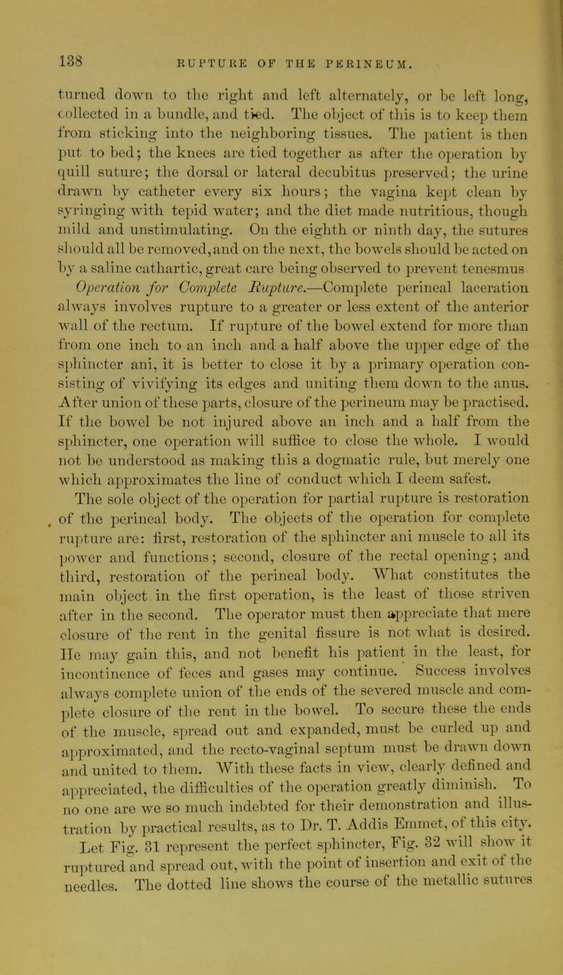 turned down to the right and left alternately, or be left long, collected in a bundle, and tied. The object of this is to keep them from sticking into the neighboring tissues. The patient is then put to bed; the knees are tied together as after the operation by quill suture; the dorsal or lateral decubitus preserved; the urine drawn by catheter every six hours; the vagina kept clean by syringing with tepid water; and the diet made nutritious, though mild and unstimulating. On the eighth or ninth day, the sutures should all be removed, and on the next, the bowels should be acted on by a saline cathartic, great care being observed to prevent tenesmus Operation for Complete Rupture.—Complete perineal laceration always involves rupture to a greater or less extent of the anterior wall of the rectum. If rupture of the bowel extend for more than from one inch to an inch and a half above the upper edge of the sphincter ani, it is better to close it by a primary operation con- sisting of vivifying its edges and uniting them down to the anus. After union of these parts, closure of the perineum may be practised. If the bowel be not injured above an inch and a half from the sphincter, one operation will suffice to close the whole. I would not be understood as making this a dogmatic rule, but merely one which approximates the line of conduct which I deem safest. The sole object of the operation for partial rupture is restoration of the perineal body. The objects of the operation for complete rupture arc: first, restoration of the sphincter ani muscle to all its power and functions; second, closure of the rectal opening; and third, restoration of the perineal body. What constitutes the main object in the first operation, is the least of those striven alter in the second. The operator must then appreciate that mere closure of the rent in the genital fissure is not what is desired. He may gain this, and not benefit his patient in the least, for incontinence of feces and gases may continue. Success involves always complete union of the ends of the severed muscle and com- plete closure of the rent in the bowel. To secure these the ends of the muscle, spread out and expanded, must be curled up and approximated, and the recto-vaginal septum must be drawn down and united to them. With these facts in view, clearly defined and appreciated, the difficulties of the operation greatly dimmish. To no one are we so much indebted for their demonstration and illus- tration by practical results, as to Dr. T. Addis Emmet, of this city. Let Fig. 31 represent the perfect sphincter, Fig. 32 will show it ruptured and spread out, with the point of insertion and exit of the needles. The dotted line shows the course of the metallic sutures