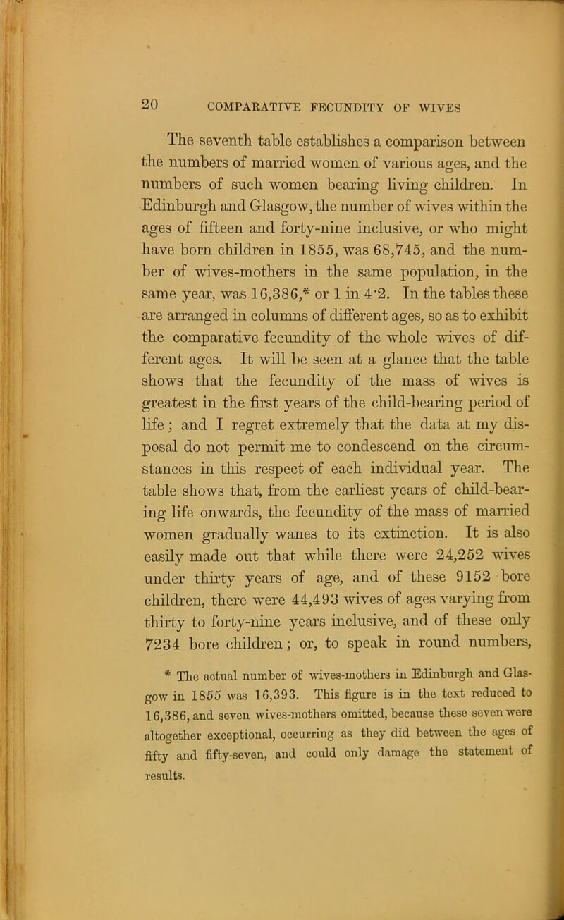 The seventh table establishes a comparison between the numbers of married women of various ages, and the numbers of such women bearing living children. In Edinburgh and Glasgow, the number of wives within the ages of fifteen and forty-nine inclusive, or who might have born children in 1855, was 68,745, and the num- ber of wives-mothers in the same population, in the same year, was 16,386,* or 1 in 4*2. In the tables these are arranged in columns of different ages, so as to exhibit the comparative fecundity of the whole wives of dif- ferent ages. It will be seen at a glance that the table shows that the fecundity of the mass of wives is greatest in the first years of the child-bearing period of life; and I regret extremely that the data at my dis- posal do not permit me to condescend on the circum- stances in this respect of each individual year. The table shows that, from the earliest years of child-bear- ing life onwards, the fecundity of the mass of married women gradually wanes to its extinction. It is also easily made out that while there were 24,252 wives under thirty years of age, and of these 9152 bore children, there were 44,493 wives of ages varying from thirty to forty-nine years inclusive, and of these only 7234 bore children; or, to speak in round numbers, * The actual number of wives-mothers in Edinburgh and Glas- gow in 1855 was 16,393. This figure is in the text reduced to 16,386, and seven wives-mothers omitted, because these seven were altogether exceptional, occurring as they did between the ages of fifty and fifty-seven, aud could only damage the statement of results.