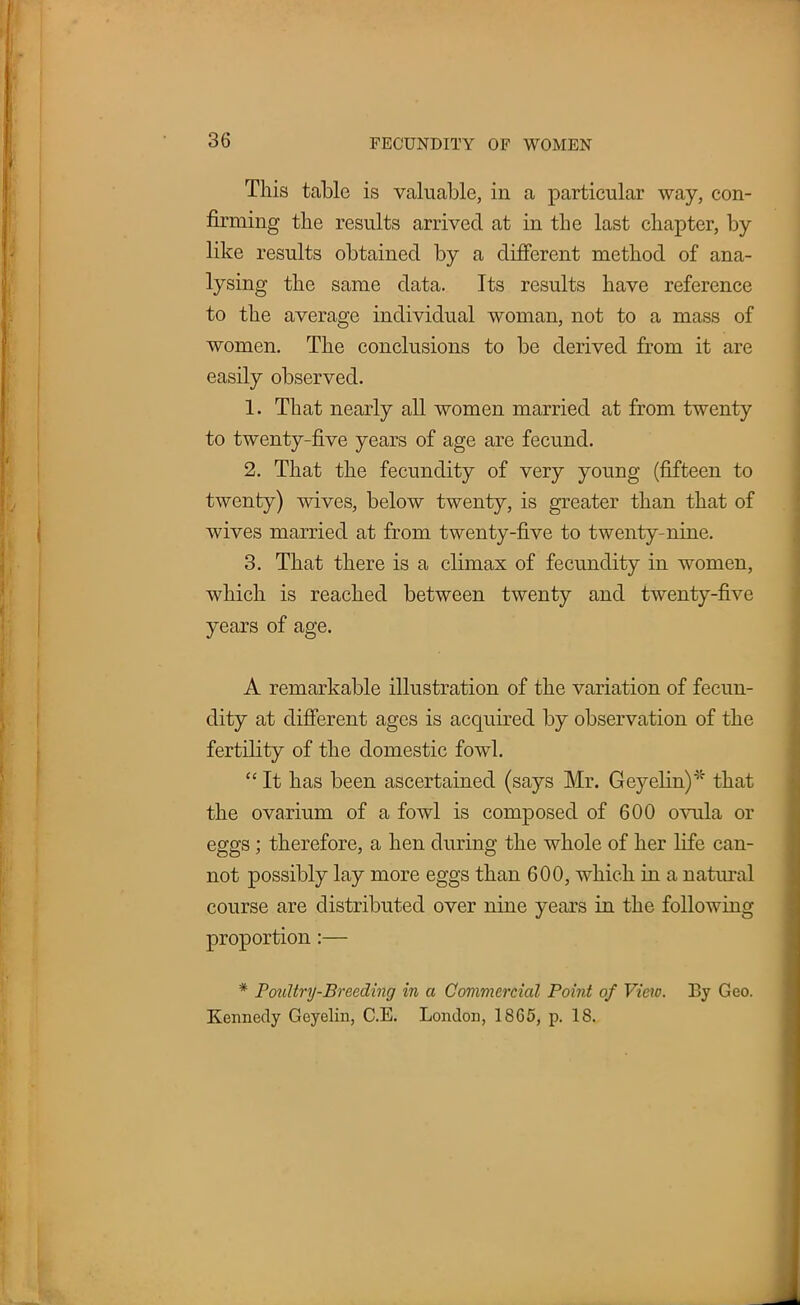 This table is valuable, in a particular way, con- firming the results arrived at in the last chapter, by- like results obtained by a different method of ana- lysing the same data. Its results have reference to the average individual woman, not to a mass of women. The conclusions to be derived from it are easily observed. 1. That nearly all women married at from twenty to twenty-five years of age are fecund. 2. That the fecundity of very young (fifteen to twenty) wives, below twenty, is greater than that of wives married at from twenty-five to twenty-nine. 3. That there is a climax of fecundity in women, which is reached between twenty and twenty-five years of age. A remarkable illustration of the variation of fecun- dity at different ages is acquired by observation of the fertility of the domestic fowl.  It has been ascertained (says Mr. Geyelin)* that the ovarium of a fowl is composed of 600 ovula or eggs; therefore, a hen during the whole of her life can- not possibly lay more eggs than 600, which in a natural course are distributed over nine years in the following proportion:— * Poultry-Breeding in a Commercial Point of View. By Geo. Kennedy Geyelin, C.E. London, 18G5, p. 18.