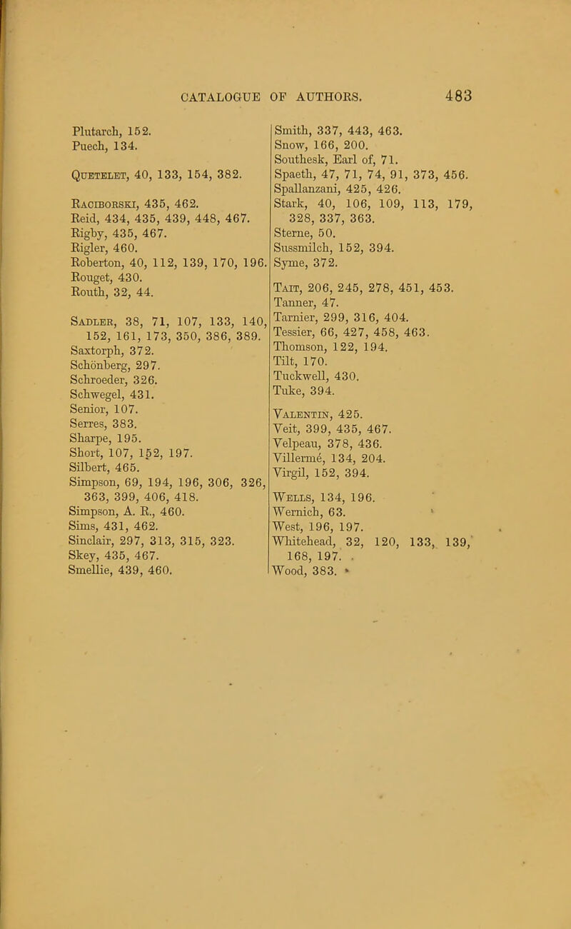 CATALOGUE Plutarch, 152. Puech, 134. Quetelet, 40, 133, 154, 382. Raceborski, 435, 462. Reid, 434, 435, 439, 448, 467. Rigby, 435, 467. Rigler, 460. Roberton, 40, 112, 139, 170, 196. Rouget, 430. Routh, 32, 44. Sadler, 38, 71, 107, 133, 140, 152, 161, 173, 350, 386, 389. Saxtorph, 372. Schonberg, 297. Schroeder, 326. Schwegel, 431. Senior, 107. Serres, 383. Sharpe, 195. Short, 107, 152, 197. Silbert, 465. Simpson, 69, 194, 196, 306, 326, 363, 399, 406, 418. Simpson, A. R., 460. Sims, 431, 462. Sinclair, 297, 313, 315, 323. Skey, 435, 467. Smellie, 439, 460. OP AUTHORS. 483 Smith, 337, 443, 463. Snow, 166, 200. Southesk, Earl of, 71. Spaeth, 47, 71, 74, 91, 373, 456. Spallanzani, 425, 426. Stark, 40, 106, 109, 113, 179, 328, 337, 363. Sterne, 50. Sussmilch, 152, 394. Syme, 372. Tait, 206, 245, 278, 451, 453. Tanner, 47. Tarnier, 299, 316, 404. Tessier, 66, 427, 458, 463. Thomson, 122, 194. Tilt, 170. Tuckwell, 430. Tuke, 394. Valentin, 425. Veit, 399, 435, 467. Velpeau, 378, 436. Villerme, 134, 204. Virgil, 152, 394. Wells, 134, 196. Wernich, 63. West, 196, 197. Whitehead, 32, 120, 133, 139, 168, 197! . Wood, 383. -