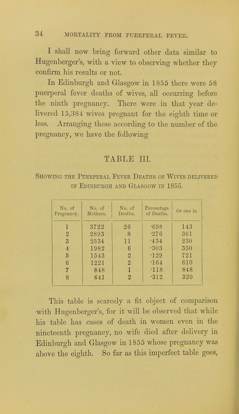 I shaU now bring forward other data similar to Hugenberger's, with a view to observing whether they confirm his results or not. In Edinbm^gh and Glasgow in 1855 there were 58 puerperal fever deaths of wives, all occurring before the ninth pregnancy. There were in that year de- livered 15,384 wives pregnant for the eighth time or less. Arranging these according to the number of the pregnancy, we have the following TABLE III. Showing the Puerperal Fever Deaths or Wives delivered IN Edinburgh and Glasgow in 1855. No. of Pregnancy. No. of Mothers. No. of Deaths. Percentage of Deaths. Or one in 1 3722 26 •698 143 2 2893 8 •276 361 3 2534 11 •434 230 4 1982 6 •303 330 5 1543 2 •129 721 6 1221 2 •164 610 7 848 1 •118 848 8 641 2 •312 320 This table is scarcely a fit object of comparison with Hugenberger's, for it will be observed that while his table has cases of death in women even in the nineteenth pregnancy, no wife died after delivery in Edinburgh and Glasgow in 1855 whose pregnancy was above the eighth. So far as this imperfect table goes,