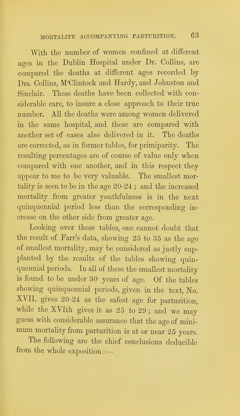 Witli the number of women confined at different ages in the Dublin Hospital under Dr. Collins, are compared the deaths at different ages recorded by Drs. Collins, M'Clintock and Hardy, and Johnston and Sinclair. These deaths have been collected with con- siderable care, to insure a close approach to their true number. All the deaths were among women delivered in the same hospital, and these are compared with another set of cases also delivered in it. The deaths are corrected, as in former tables, for primiparity. The resulting percentages are of course of value only when compared with one another, and in this respect they appear to me to be very valuable. The smallest mor- tality is seen to be in the age 20-24 ; and the increased mortality from greater youthfulness is in the next quinquennial period less than the corresponding in- crease on the other side from greater age. Looking over these tables, one cannot doubt that the result of Farr's data, showing 25 to 35 as the age of smallest mortality, may be considered as justly sup- planted by the results of the tables showing quin- quennial periods. In all of these the smallest mortality is found to be under 30 years of age. Of the tables showing quinquennial periods, given m the text, No. XVII. gives 20-24 as the safest age for parturition, while the XVIth gives it as 25 to 29; and we may guess with considerable assurance that the age of mini- mum mortality from parturition is at or near 25 years. The following are the chief conclusions deducible from the whole exposition:—