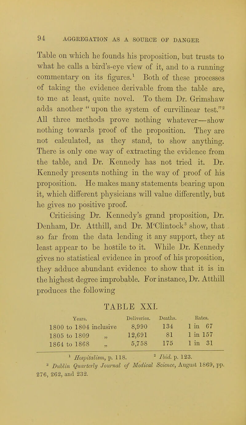 Table on wliicli lie founds his proposition, but trusts to what he calls a bird's-eye view of it, and to a running commentary on its figures.'^ Both of these processes of taking the evidence derivable from the table are, to me at least, quite novel. To them Dr. Grimshaw adds another  upon the system of curvilinear test.^ All three methods prove nothing whatever—show nothing towards proof of the proposition. They are not calculated, as they stand, to show anything. There is only one way of extracting the evidence from the table, and Dr. Kennedy has not tried it. Dr. Kennedy presents nothing in the way of proof of his proposition. He makes many statements bearing upon it, which different physicians will value differently, but he gives no positive proof. Criticising Dr. Kennedy's grand proposition. Dr. Denham, Dr. Atthill, and Dr. M'Clintock^ show, that so far from the data lending it any support, they at least appear to be hostile to it. While Dr. Kennedy gives no statistical evidence in proof of his proposition, they adduce abundant evidence to show that it is in the highest degree improbable. For instance. Dr. Atthill produces the following TABLE XXI. Years. Deliveries. 1800 to 1804 inclusive 8,990 1805 to 1809 „ 12,691 1864 to 1868 „ 5,758 Deaths. Kates. 134 1 in 67 81 1 in 157 175 1 in 31 ^ Hospitalism, p. 118. ^ Ihid. p. 123. Dublin Quarterly Journal of Medical Science, August 1869, pp. 276, 262, and 232.