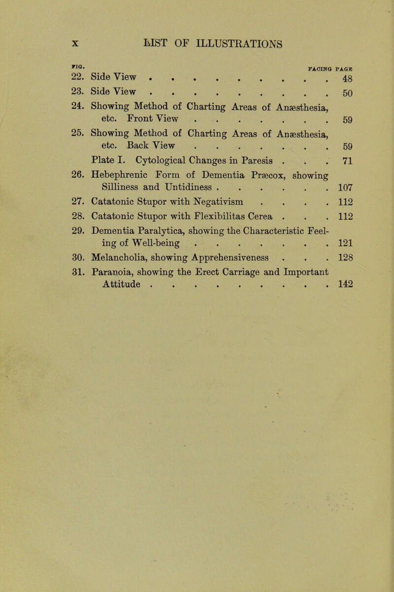 na. FACING PAGB 22. Side View 48 23. Side View 50 24. Showing Method of Charting Areas of Anaesthesia, etc. Front View 59 25. Showing Method of Charting Areas of Anaesthesia, etc. Back View 59 Plate I. Cytological Changes in Paresis ... 71 26. Hebephrenic Form of Dementia Praecox, showing Silliness and Untidiness 107 27. Catatonic Stupor with Negativism .... 112 28. Catatonic Stupor with Flexibilitas Cerea . . . 112 29. Dementia Paralytica, showing the Characteristic Feel- ing of Well-being 121 30. Melancholia, showing Apprehensiveness . . . 128 31. Paranoia, showing the Erect Carriage and Important Attitude 142