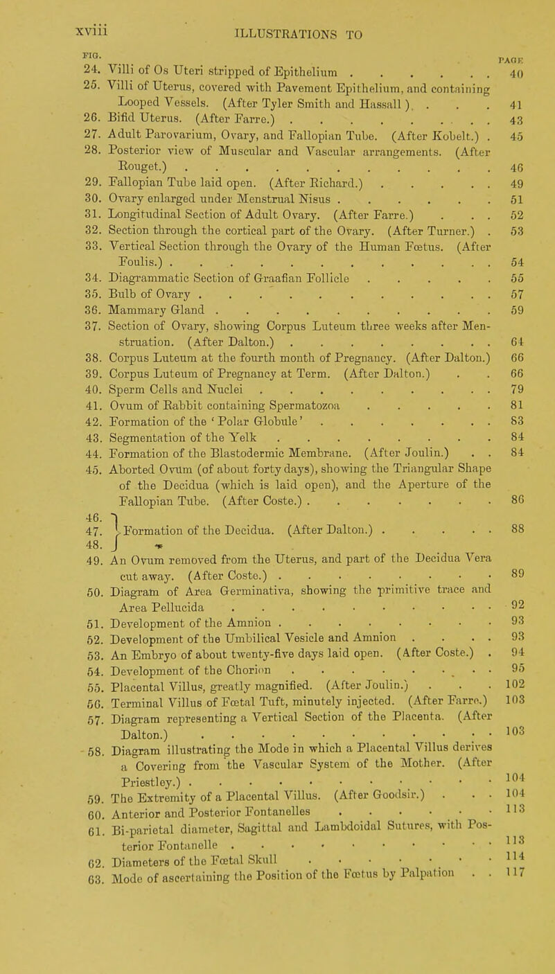 ^■O- PAGE 24. Villi of Os Uteri stripped of Epithelium 40 25. Villi of Uterus, covered with Pavement Epithelium, and containing Looped Vessels. (After Tyler Smith and Hassall). ... 41 26. Bifid Uterus. (After Farre.) 43 27. Adult Parovarium, Ovary, and Eallopian Tube. (After Kobelt.) . 45 28. Posterior view of Muscular and Vascular arrangements. (After Eouget.) 40 29. Fallopian Tube laid open. (After Richard.) 49 30. Ovary enlarged under Menstrual Nisus 51 31. Longitudinal Section of Adult Ovary. (After Farre.) . . . 62 32. Section through the cortical part of the Ovary. (After Turner.) . 53 33. Vertical Section through the Ovary of the Human Foetus. (After Foulis.) 54 34. Diagrammatic Section of Graafian Follicle ..... 65 36. Bulb of Ovary . . 67 36. Mammary Gland 69 37. Section of Ovary, showing Corpus Luteum three weeks after Men- struation. (After Dalton.) . . . . . . . . 64 38. Corpus Luteum at the fourth month of Pregnancy. (After Dalton.) 66 39. Corpus Luteum of Pregnancy at Term. (After Dalton.) . . 66 40. Sperm Cells and Nuclei 79 41. Ovum of Rabbit containing Spermatozoa ..... 81 42. Formation of the ' Polar Globule' 83 43. Segmentation of the Yelk 84 44. Formation of the Blastodermic Membrane. (After Joulin.) . . 84 45. Aborted Ovum (of about forty days), showing the Triangular Shape of the Decidua (which is laid open), and the Aperture of the Fallopian Tube. (After Coste.) 86 46. I 47. I Formation of the Decidua. (After Dalton.) 88 48. J 49. An Ovum removed from the Uterus, and part of the Decidua Vera cut away. (After Coste.) 89 60. Diagram of Area Gerrainativa, showing the primitive trace and Area Pellucida . . . 92 51. Development of the Amnion 93 62. Development of the Umbilical Vesicle and Amnion . . . . 93 63. An Embryo of about twenty-five days laid open. (After Coste.) . 94 64. Development of the Choricn . 95 55. Placental Villus, greatly magnified. (After Joulin.) . . .102 50. Terminal Villus of Fcetal Tuft, minutely injected. (After Farre.) 103 57. Diagram representing a Vertical Section of the Placenta. (After Dalton.) . 103 - 58. Diagram illustrating the Mode in which a Placental Villus derives a Covering from the Vascular System of the Mother. (After Priestley.) 59. The Extremity of a Placental Villus. (After Goodsir.) . . . 104 60. Anterior and Posterior Fontanelles 113 61. Bi-parietal diameter. Sagittal and Lambdoidal Sutures, with Pos- terior Fontanolle 02. Diameters of the Foetal Skull 114 63 Mode of ascertaining the Position of the Fojtus by Palpation . . 117