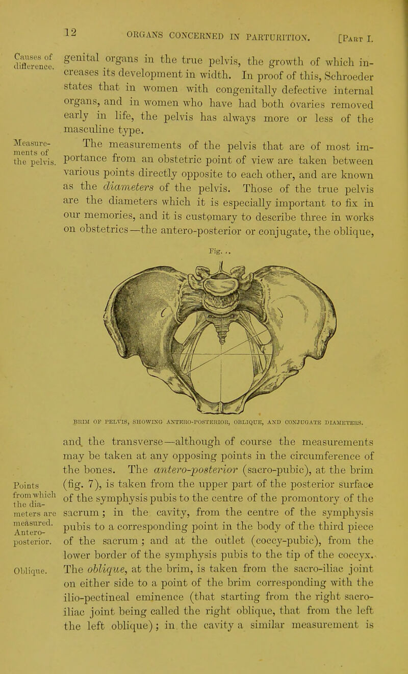 Causes of (liflci'unce. IMcasurc- ments of the pelvis. 12 ORGANS CONCERNED IN PARTURITION. [Part I. genital organs in the true pelvis, the growth of which in- creases its development in width. In proof of this, Schroeder states that in women with congenitally defective internal organs, and in women who have had both ovaries removed early in life, the pelvis has always more or less of the masculine type. The measurements of the pelvis that are of most im- portance from an obstetric point of view are taken between various points directly opposite to each other, and are known as the diameters of the pelvis. Those of the true pelvis are the diameters which it is especially important to fix in our memories, and it is customary to describe three in works on obstetrics—the antero-posterior or conjugate, the oblique, Fig. P<jints from ■which the dia- meters are measured. Antero- posterior. Oblique. Bnni OF PELVIS, SllOWIXa ASTEllO-rOSTEHIOH, OBLIQUE, AXD CONJUGATE DLAJIETELIS. and. the transverse—although of course the measurements may be taken at any opposing points in the circumference of the bones. The antero-jposterior (sacro-pubic), at the brim (fig. 7), is taken from the upper part of the posterior surface of the symphysis pubis to the centre of the promontory of the sacrum; in the cavity, from the centre of the symphysis pubis to a corresponding point in the body of the third piece of the sacrum; and at the outlet (coccy-pubic), from the lower border of the symphysis pubis to the tip of the coccyx.. The oblique, at the brim, is taken from the sacro-iliac joint on either side to a point of tlie brim corresponding with the ilio-pectineal eminence (that starting from the right sacro- iliac joint being called the right oblique, that from the left the left oblique); in. the cavity a similar measurement is