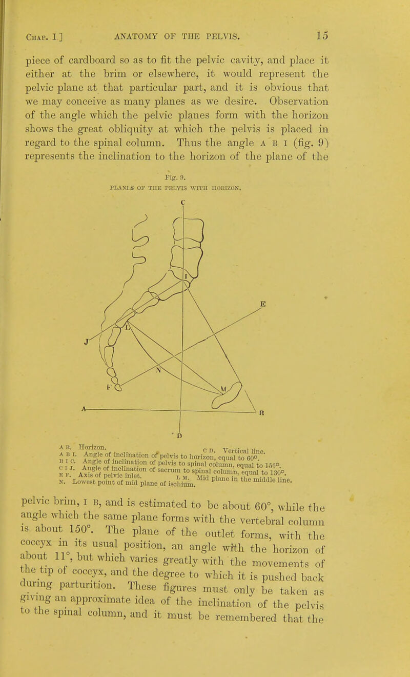 piece of cardboard so as to fit the pelvic cavity, and place it either at the brim or elsewhere, it would represent the pelvic plane at that particular part, and it is obvious that we may conceive as many planes as we desire. Observation of the angle which the pelvic planes form -with the horizon shows the great obliquity at which the pelvis is placed in regard to the spinal colimin. Thus the angle A B i (fig. 9) represents the inclination to the horizon of the plane of the Fig. 9. PLANIS OF THE TEI-VIS WITH HOllIZON. A n. A I) I B I C. C I J. Horizon. P P Verfc 11' Angle of inclinntion of pelvis to horizon; equnl toGo'®' Anf)^ ;cUnation of pelvis to sj.innl eohnnn, equal to 150° AXIS of pelvic inlet. u. Mid plane in the middle line. N. Lowest point of mid plane of iscliiuin. pelvic brim, i b, and is estimated to be about 60°, while the angle which the same plane forms with the vertebral column IS about 150°. The plane of the outlet forms, with the coccyx in its usual position, an angle wfth the horizon of about 11 but which varies greatly with the movements of the tip of coccyx, and the degree to which it is pushed back during parturition. These figures must only be taken as giving an approximate idea of the inclination of the pelvis to the spinal column, and it must be remembered that the