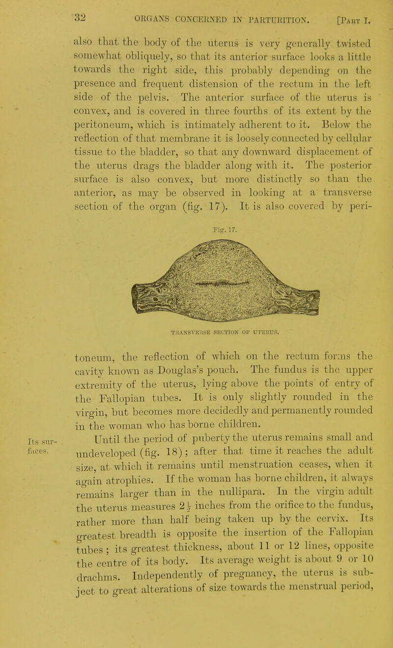 also that the body of the uterus is very generally twisted somewhat obliquely, so that its anterior surface looks a little towards the right side, this probably depending on the presence and frequent distension of the rectum in the left side of the pelvis. The anterior surface of the uterus is convex, and is covered in three fourths of its extent by the peritoneum, which is intimately adherent to it. Below the reflection of that membrane it is loosely connected by cellular tissue to the bladder, so that any downward displacement of the uterus drags the bladder along with it. The posterior surface is also convex, but more distinctly so than the anterior, as may be observed in looking at a transverse section of the organ (fig. 17). It is also covered by peri- rig. 17. TilANSVEil.sE .SELTlii.N VV U I'HKD.';. toneum, the reflection of which on the rectum forms the cavity known as Douglas's pouch. The fundus is the upper extremity of the uterus, lying above the points of entry of the Fallopian tubes. It is only slightly rounded in the virgin, but becomes more decidedly and permanently rounded in the woman who has borne children. Until the period of piiberty the uterus remains small and undeveloped (fig. 18); after that time it reaches the adult size, at which it remains until menstruation ceases, when it ao-ain atrophies. If the woman has borne children, it always remains larger than in the nullipara. In the virgin adult the uterus measures 2 inches from the orifice to the fundus, rather more than half being taken up by the cervix. Its greatest breadth is opposite the insertion of the Fallopian tubes ; its greatest thickness, about 11 or 12 lines, opposite the centre of its body. Its average weight is about 9 or 10 drachms. Independently of pregnancy, the uterus is sub- ject to great alterations of size towards the menstrual period.