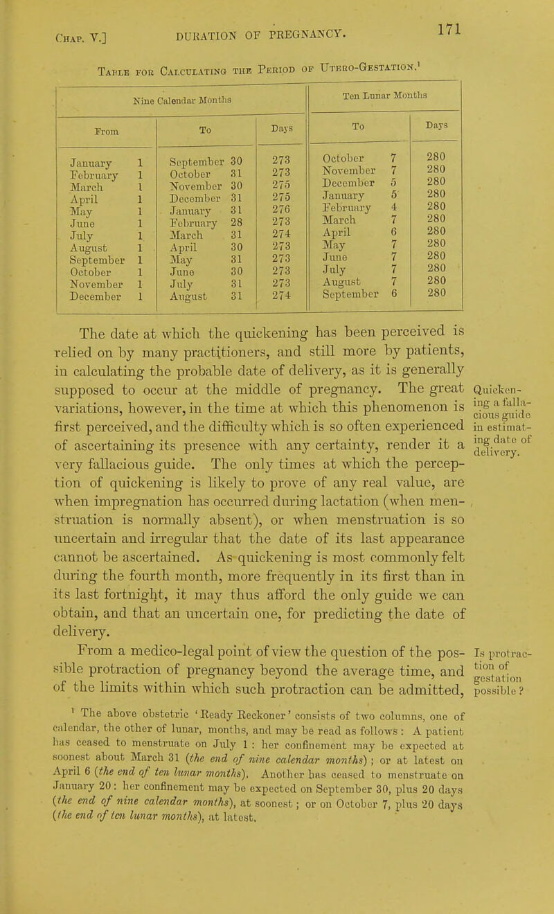 Tahle for Calculating the Period of Utero-Gestation.' Nine Calonrlar Montlis From January February March April May June July August September October November December To September 30 October November December January February March April May June July August 31 30 31 31 28 31 30 31 30 31 31 Days 273 273 275 275 276 273 274 273 273 273 273 274 Ten Lunar Mouths To October November December January February March April May June July August September Days 280 280 280 280 280 280 280 280 280 280 280 280 The date at which the quickening has been perceived is rehed on by many practitioners, and still more by patients, in calculating the probable date of delivery, as it is generally supposed to occur at the middle of pregnancy. The great variations, however, in the time at which this phenomenon is first perceived, and the difficulty which is so often experienced of ascertaining its presence with any certainty, render it a very fallacious guide. The only times at which the percep- tion of quickening is likely to prove of any real value, are when impregnation has occurred during lactation (when men- struation is normally absent), or when menstruation is so uncertain and hregular that the date of its last appearance cannot be ascertained. As quickening is most commonly felt during the fourth month, more frequently in its first than in its last fortnight, it may thus afford the only gmde we can obtain, and that an uncertain one, for predicting the date of delivery. From a medico-legal point of view the question of the pos- sible protraction of pregnancy beyond the average time, and of the limits within which such protraction can be admitted, ' The above obstetric ' Eeady Eeckoner' consists of two columns, one of calendar, the other of lunar, months, and may be read as follows : A patient has ceased to menstruate on July 1 : her confinement may be expected at soonest about March 31 {the end of nine calendar months); or at latest on April 6 {the end of ten lunar months). Another has ceased to menstruate on January 20 : her confinement may bo expected on September 30, plus 20 days {the end of nine calendar months), at soonest; or on October 7, plus 20 days {the end often lunar months), at latest. Quicken- ing a falla- cious guide in estimat- ing date of delivery. Is protrac- tion of gestation possible ?