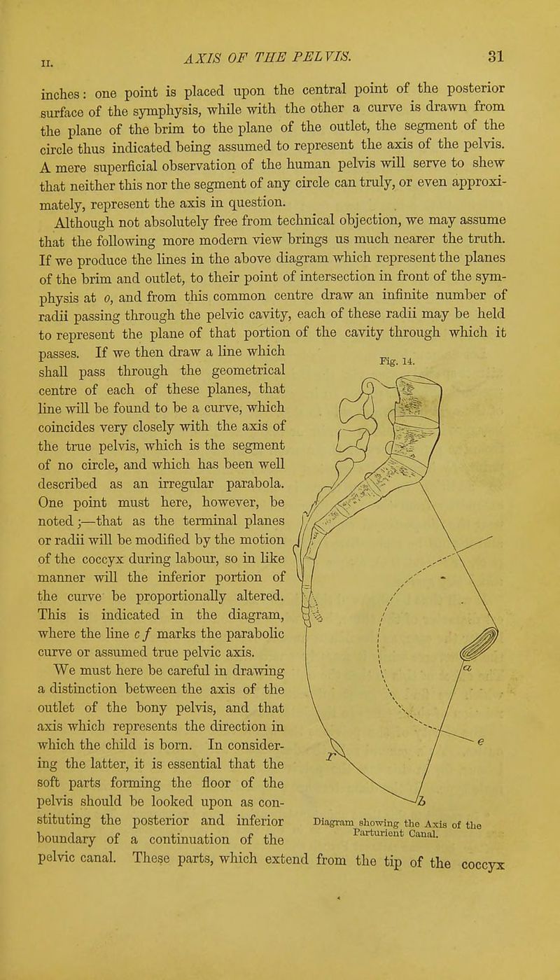 Fig. 14. inches: one point is placed upon the central point of the posterior surface of the symphysis, while with the other a curve is drawn from the plane of the brim to the plane of the outlet, the segment of the circle thus indicated being assumed to represent the axis of the pelvis. A mere superficial observation of the human pelvis will serve to shew that neither this nor the segment of any circle can truly, or even approxi- mately, represent the axis in question. Although not absolutely free from technical objection, we may assume that the following more modern view brings us much nearer the truth. If we produce the lines in the above diagram which represent the planes of the brim and outlet, to their point of intersection in front of the sym- physis at o, and from this common centre draw an infinite number of radii passing through the pelvic cavity, each of these radii may be held to represent the plane of that portion of the cavity through which it passes. If we then draw a line which shall pass through the geometrical centre of each of these planes, that line will be found to be a curve, which coincides very closely with the axis of the true pelvis, which is the segment of no circle, and which has been well described as an irregular parabola. One point must here, however, be noted;—that as the terminal planes or radii will be modified by the motion of the coccyx during labour, so in like manner will the inferior portion of the curve be proportionally altered. This is indicated in the diagram, where the line c / marks the parabolic curve or assumed true pelvic axis. We must here be careful in drawing a distinction between the axis of the outlet of the bony pelvis, and that axis which represents the direction in which the child is born. In consider- ing the latter, it is essential that the soft parts forming the floor of the pelvis should be looked upon as con- stituting the posterior and inferior boundary of a continuation of the pelvic canal. These parts, which extend from the tip of the coccyx Diagram showing the Axis of the Parturient Canal. *