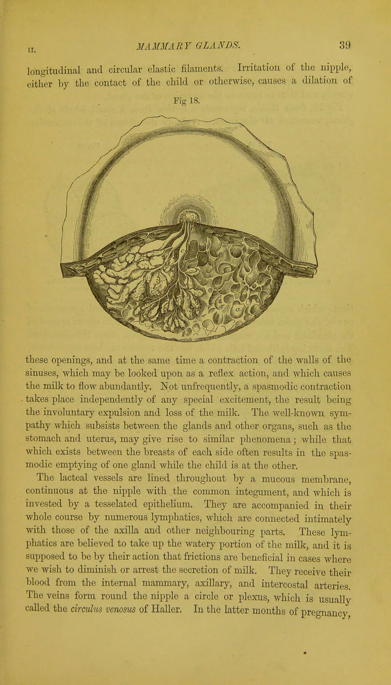 longitudinal and circular elastic filaments. Irritation of the nipple, either by the contact of the child or otherwise, causes a dilation of Fig 18. these openings, and at the same time a contraction of the walls of the sinuses, which may be looked upon as a reflex action, and which causes the milk to flow abundantly. Not unfrequently, a spasmodic contraction takes place independently of any special excitement, the result being the involuntary expulsion and loss of the milk. The well-known sym- pathy which subsists between the glands and other organs, such as the stomach and uterus, may give rise to similar phenomena; Avhile that which exists between the breasts of each side often results in the spas- modic emptying of one gland while the child is at the other. The lacteal vessels are lined throughout by a mucous membrane, continuous at the nipple with the common integument, and which is invested by a tesselated epithelium. They are accompanied in their whole course by numerous lymphatics, which are connected intimately with those of the axilla and other neighbouring parts. These lym- phatics are believed to take up the watery portion of the millc, and it is supposed to be by their action that frictions are beneficial in cases where we wish to diminish or arrest the secretion of milk. They receive their blood from the internal mammary, axillary, and intercostal arteries. The veins form round the nipple a circle or plexus, which is usually called the circulus venosus of Haller. In the latter months of pregnancy,