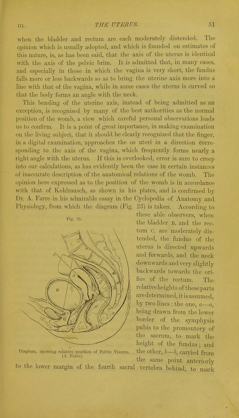when th^ bladder and rectum are each moderately distended. The opinion which is usually adopted, and which is founded on estimates of this nature, is, as has been said, that the axis of the uterus is identical with the axis of the pelvic brim. It is admitted that, in many cases, and especially hi those in which the vagina is very short, the fundus falls more or less backwards so as to bring the uterine axis more into a line with that of the vagina, while in some cases the uterus is curved so that the body forms an angle with the neck. This bending of the uterine axis, instead of being admitted as an exception, is recognised by many of the best authorities as the normal position of the womb, a view which careful personal observations leads us to confirm. It is a point of great importance, in making examination on the living subject, that it should be clearly recognized that the finger, in a digital examination, approaches the os uteri in a direction corre- sponding to the axis of the vagina, which frequently forms nearly a right angle with the uterus. If this is overlooked, error is sure to creep into our calculations, as has evidently been the case in certain instances of inaccurate description of the anatomical relations of the womb. The opinion here expressed as to the position of the womb is in accordance with that of Kohlrausch, as shown hi his plates, and is confirmed by Dr. A. Farre in his admirable essay in the Cyclopedia of Anatomy and Physiology, from which the diagram (Fig. 23) is taken. According to io the Lower margin of the fourth sacral vertebra behind, to mark Diagram, showing relative position of Pelvic Viscera. (A. Farre). Fig. 23. these able observers, when the bladder B. and the rec- tum c. are moderately dis- tended, the fundus of the uterus is directed upwards and forwards, and the neck downwards and very slightly backwards towards the ori- fice of the rectum. The relative heights of these parts are determined, it is assumed, by two lines : the one, a—a, being drawn from the lower border of the symphysis pubis to the promontory of the sacrum, to mark the height of the fundus; and the other, b—b, carried from the same point anteriorly