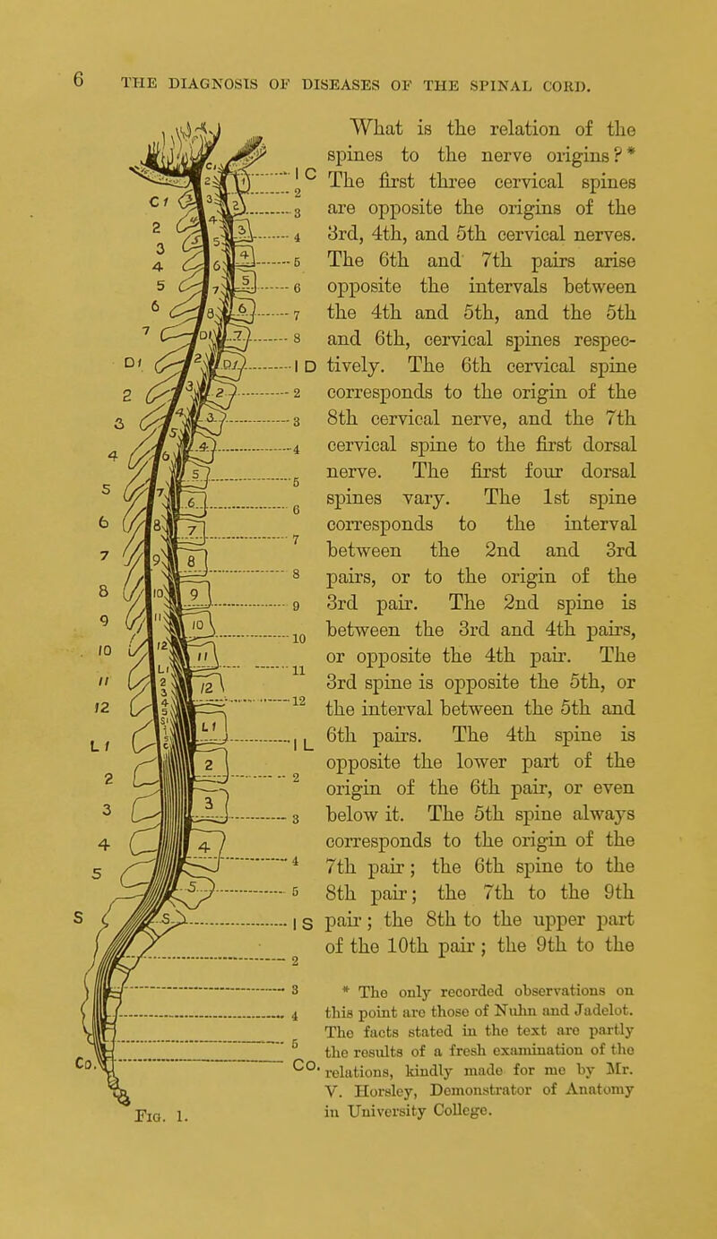 FlQ. 1. What is the relation of the spines to the nerve origins?* The first three cervical spines are opposite the origins of the 3rd, 4th, and 5th cervical nerves. The 6th and' 7th pairs arise opposite the intervals between the 4th and 5th, and the 5th and 6th, cervical spines respec- tively. The 6th cervical spine corresponds to the origin of the 8th cervical nerve, and the 7th cervical spine to the first dorsal nerve. The first four dorsal spines vary. The 1st spine corresponds to the interval between the 2nd and 3rd pairs, or to the origin of the 3rd pair. The 2nd spine is between the 3rd and 4th paii's, or opposite the 4th pair. The 3rd spine is opposite the 5th, or the interval between the 5th and 6th pairs. The 4th spine is opposite the lower part of the origin of the 6th pair, or even below it. The 5th spine always corresponds to the origin of the 7th pair; the 6th spine to the 8th pair; the 7th to the 9th pail-; the 8th to the upper part of the 10th pair; the 9th to the * The only recorded observations on this point are those of Nuhn and Jadelot. The facts stated in the text are partly the results of a fresh examination of the relations, kindly made for me by INIr. v. Horsley, Demonstrator of Anatomy in University College.