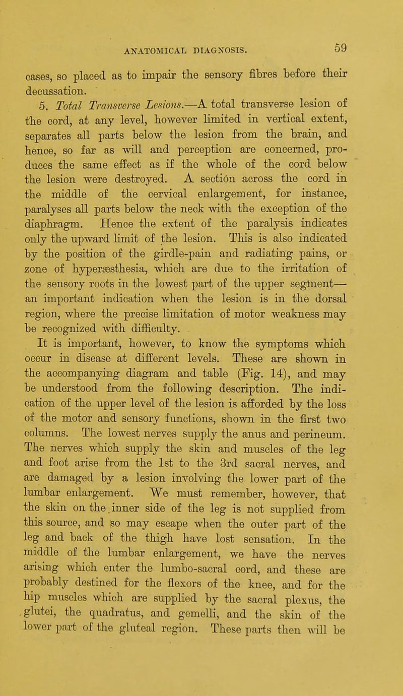 cases, so placed as to impair the sensory fibres before tbeir deotissation. 5. Total Transverse Lesions.—A total transverse lesion of the cord, at any level, however limited in vertical extent, separates all parts below the lesion from the brain, and hence, so far as will and perception are concerned, pro- duces the same effect as if the whole of the cord below the lesion were destroyed. A section across the cord in the middle of the cervical enlargement, for instance, paralyses all parts below the neck with the exception of the diaphragm. Hence the extent of the paralysis indicates only the upward hmit of the lesion. This is also indicated by the position of the gudle-pain and radiating pains, or zone of hypersesthesia, which are due to the irritation of the sensory roots in the lowest part of the upper segment— an important indication when the lesion is in the dorsal region, where the precise limitation of motor weakness may be recognized with difficulty. It is important, however, to know the symptoms which occur in disease at different levels. Tbese are shown in the accompanying diagram and table (Fig. 14), and may be understood from the following description. The indi- cation of the upper level of the lesion is afforded by the loss of the motor and sensory functions, shown in the first two colimins. The lowest nerves supply the anus and perineum. The nerves which supply the skin and muscles of the leg and foot arise from the 1st to the 3rd sacral nerves, and are damaged by a lesion involving the lower part of the lumbar enlargement. We must remember, however, that the skin on the.inner side of the leg is not supplied from this source, and so may escape when the outer part of the leg and back of the thigh have lost sensation. In the middle of the lumbar enlargement, we have the nerves arising which enter the lumbo-sacral cord, and these are probably destined for the flexors of the knee, and for the hip muscles which are supplied by the sacral plexus, the glutei, the quadratus, and gemelli, and the skin of the lower part of the gluteal region. These parts then mil be