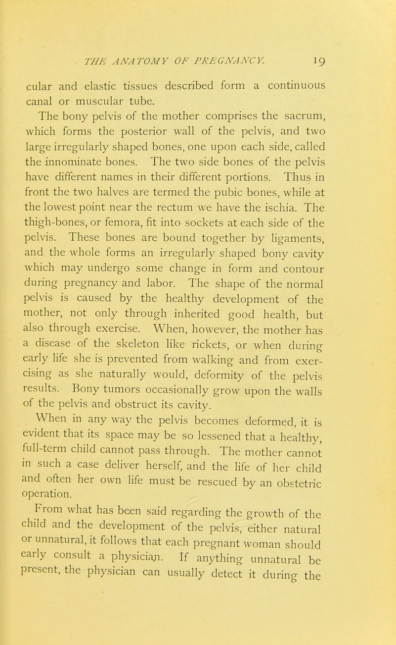 cular and elastic tissues described form a continuous canal or muscular tube. The bony pelvis of the mother comprises the sacrum, which forms the posterior wall of the pelvis, and two large irregularly shaped bones, one upon each side, called the innominate bones. The two side bones of the pelvis have different names in their different portions. Thus in front the two halves are termed the pubic bones, while at the lowest point near the rectum we have the ischia. The thigh-bones, or femora, fit into sockets at each side of the pelvis. These bones are bound together by ligaments, and the whole forms an irregularly shaped bony cavity which may undergo some change in form and contour during pregnancy and labor. The shape of the normal pelvis is caused by the healthy development of the mother, not only through inherited good health, but also through exercise. When, however, the mother has a disease of the skeleton like rickets, or when during early life she is prevented from walking and from exer- cising as she naturally would, deformity of the pelvis results. Bony tumors occasionally grow upon the walls of the pelvis and obstruct its cavity. When in any way the pelvis becomes deformed, it is evident that its space may be so lessened that a healthy, full-term child cannot pass through. The mother cannot in such a case deliver herself, and the life of her child and often her own life must be rescued by an obstetric operation. From what has been said regarding the growth of the child and the development of the pelvis, either natural or unnatural, it follows that each pregnant woman should early consult a physician If anything unnatural be present, the physician can usually detect it during the