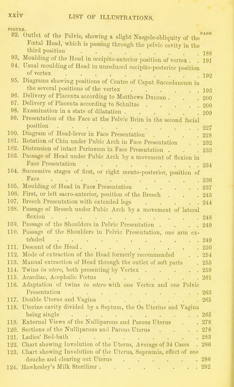 92. Outlet of the Pelvis, showing a slight Naegele-obliqiiity of the''''' Fcetal Head, which is passing through the pelvic cavity in tlie tliird position j^gg 93. Moulding of the Head in occiiDito-anterior jiosition of vertex . . 191 94. Usual moulding of Head in unreduced occipito-posterioi- position of vertex 192 95. Diagrams showing positions of Centre of Caput Succedaneum in the several positions of the vertex I93 96. Delivery of PJacenta according to Matthews Duncan . . .200 97. Delivery of Placenta according to Schultze 200 98. Examination in a state of dilatation 209 99. Presentation of the Face at the Pelvic Brim in the second facial position 227 100. Diagram of Head-lever in Face Presentation . . . .228 101. Rotation of Chin under Pubic Arch in Face Presentation . . 232 102. Distension of intact Perineum in Face Presentation . . . 233 103. Passage of Head under Pubic Arch by a movement of flexion in Face Presentation ......... 234 104. Successive stages of first, or right mento-posterior, position of Face 236 105. Moulding of Head in Face Presentation 237 106. First, or left sacro-anterior, position of the Breech . . . 243 107. Breech Presentation with extended legs 244 108. Passage of Breech under Pubic Arch by a movement of lateral flexion ........... 248 109. Passage of the Shoulders in Pelvic Presentation . . . . 249 110. Passage of the Shoulders in Pelvic Presentation, one arm ex- te'uded 249 111. Descent of the Head 250 112. Mode of extraction of the Head formerly recommended . . 254 113. Manual extraction of Head through the outlet of soft parts . 255 114. Twins in utcro, both presenting by Vertex . . . . . 259 115. Acardiac, Aceplialic Fcetus ....... 261 116. Adaptation of twins in utero with one Vertex and one Pelvic Presentation 263 117. Double Uterus and Vagina 265 118. Uterine cavity divided by a Septum, the Os Uterine and Vagina being single .......... 265 119. External Views of the Nulliparous and Parous Uterus . . 278 120. Sections of the Nulliparous and Parous Uterus . . . . 278 121. Ladies' Bed-bath 283 122. Chart showing Involution of the Uterus, Average of 34 Cases . 286 123. Chart showing Involution of the Uterus, Saprajmia, ell'ect of one douche and clearing out Uterus 286 124. Hawkesley's Milk Sterilizer 292