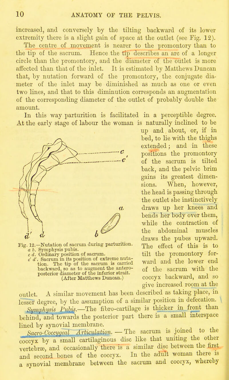 ■C -c increased, and conversely by the tilting backward of its lower extremity there is a slight gain of space at the outlet (see Fig. 12). The centre of movement is nearer to the promontory than to the tip of the sacrum. Hence the tip describes an arc of a longer circle than the promontory, and the diameter of the outlet is more affected than that of the inlet. It is estimated by Matthews Duncan that, by nutation forward of the promontory, the conjugate dia- meter of the inlet may be diminished as much as one or even two lines, and that to this diminution corresponds an augmentation of the corresponding diameter of the outlet of probably double the amount. In this way parturition is facilitated in a percep)tible degree. At the early stage of labour the woman is naturally inclined to be up and about, or, if in bed, to lie with the thighs extended; and in these positions the promontory of the sacrum is tilted back, and the pelvic brim gains its greatest dimen- sions. When, however, the head is passing through the outlet she instinctively draws up her knees and bends her body over them, while the contraction of the abdominal muscles draws the pubes upward. The effect of this is to tilt the promontory for- ward and the lower end of the sacrum with the coccyx backward, and so give increased rooni at the outlet. A similar movement has been described as taking place, in lesser degree, by the assumption of a similar position in defecation. \ Symphysis I'ub^.—The fibro-cartilage is thicker .in front than behind, and towaKls the posterior part there is a small interspace lined by synovial membrane. Sacro-Coccjiyail Articulatmi. — The sacrum is joined to the ^^x*'by a small cartUaginous disc like that uniting the other vertebrte, and occasionally there is a similar disc between the first and second bones of the coccyx. In the adult woman there is a synovial membrane between the sacrum and coccyx, whereby Fig. 12.—Nutation of sacniin during parturition. a I. Symphysis pubis, c d. Ordinary position of sacnim. c'd'. Sacrum in its position of extreme nuta- tion. The tip of the sacrum is carried backward, so as to augment the antero- posterior diameter of the inferior sti-ait. (After Matthews Duncan.)