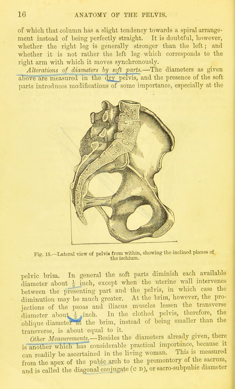 of whicli that column lias a slight tendency towards a spiral arrange- ment instead of being perfectly straight. It is doubtful, however, whether the right leg is generally stronger than the left; and whether it is not rather the left leg which corresponds to the right arm with which it moves synchronously. Alterations_o[ diameters by soft parts.—The diameters as given al3'ov'6aj'e measure3!'lS^e' ^ry jjem and the presence of the soft parts introduces modifications of some importance, especially at the Fig. 15.—Lateral view of pelvis from within, showing the inclined planes of the ischium. pelvic brim. In general the soft parts diminish each available diameter about ^inch, except when the uterine wall intervenes between the presenting part and the pelvis, in which case the diminution may be much greater. At the brim, however, the pro- jections of the psoas and iliacus muscles lessen the transverse diameter aboutj^inch. In the clothed pelvis, therefore, the obliciue diametePm the brim, instead of being smaller than the transverse, is about equal to it. Other Measurements.—Besides the diameters already given, there is■ another whTcHTHis considerable practical importance, because it can readily be ascertained in the living woman. This is measured from the apex of the pubic arch to the promontory of the sacrum, and is called the diagonal conjugate (c d), or sacro-subpubic diameter