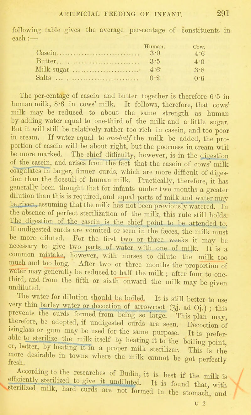 following table gives the average per-centage of constituents in each :— Human. Cow. Casein 3-0 4-6 Butter 3-5 4-0 Milk-sugar 4-& 3-8 Salts 0-2 0 6 The per-centage of casein and butter together is therefore 6-5 in hiiman milk, 8-6 in co-\vs' milk. It follows, therefore, that cows' milk may be reduced to about the same strength as human by adding water equal to one-third of the milk and a little sugar. But it will still be relatively rather too rich in casein, and too poor in cream. If water equal to one-half the milk be added, the pro- portion of casein will be about right, but the poorness in cream will be more marked. The chief difficulty, however, is in the djgestion of the casein, and arises from the fact that the casein of cows' mifk cbagulateslii larger, firmer curds, which are more difficult of diges- tion than the flocculi of human inilk. Practically, therefore, it has generally been thought that for infants under two months a greater dilution than this is requii-ed, and equal parts of milk and water may be^gisen, assuming that the milk has not been previously watered. In the absence of perfect sterilization of the milk, this rule still holds. The digestion of the caseXn^as. Jilie .chief point to be attended to. If imdigested curds are vomited or seen in the fajces, the milk must be more diluted. For the first two, or three weeks it may be necessary to give two jparts . of water with one of milk It is a coimnon niistake, however, with nurses to dilute the milk too much and too long. After two or three months the proportion of water may generally be reduced to_haLf the milk ; after four to one- third, and from the fifth or sixth  onward the milk may be ^iyen imdiluted. ^ The water for dilution should be boiled. It is still better to use very thin bcU^e^^^ter or decoction of arrowroot (5j. ad Oi.) • this prevents the curds formed from being so large. This plan 'may therefore, be adopted, if undigested curds are seen. Decoction of isinglass or gum may be used for the same purpose. It is prefer- able t^s^mz^^Jie niilk itself by heating it to the boiling point or, better, by heating it'Tn a proper milk sterilizer. This is the more desirable in towns M^iere the mUk cannot be got perfectly According to the researches of Budin, it is best if the milk is sterilized milk, hard curds are not formed in the stomach, and U 2