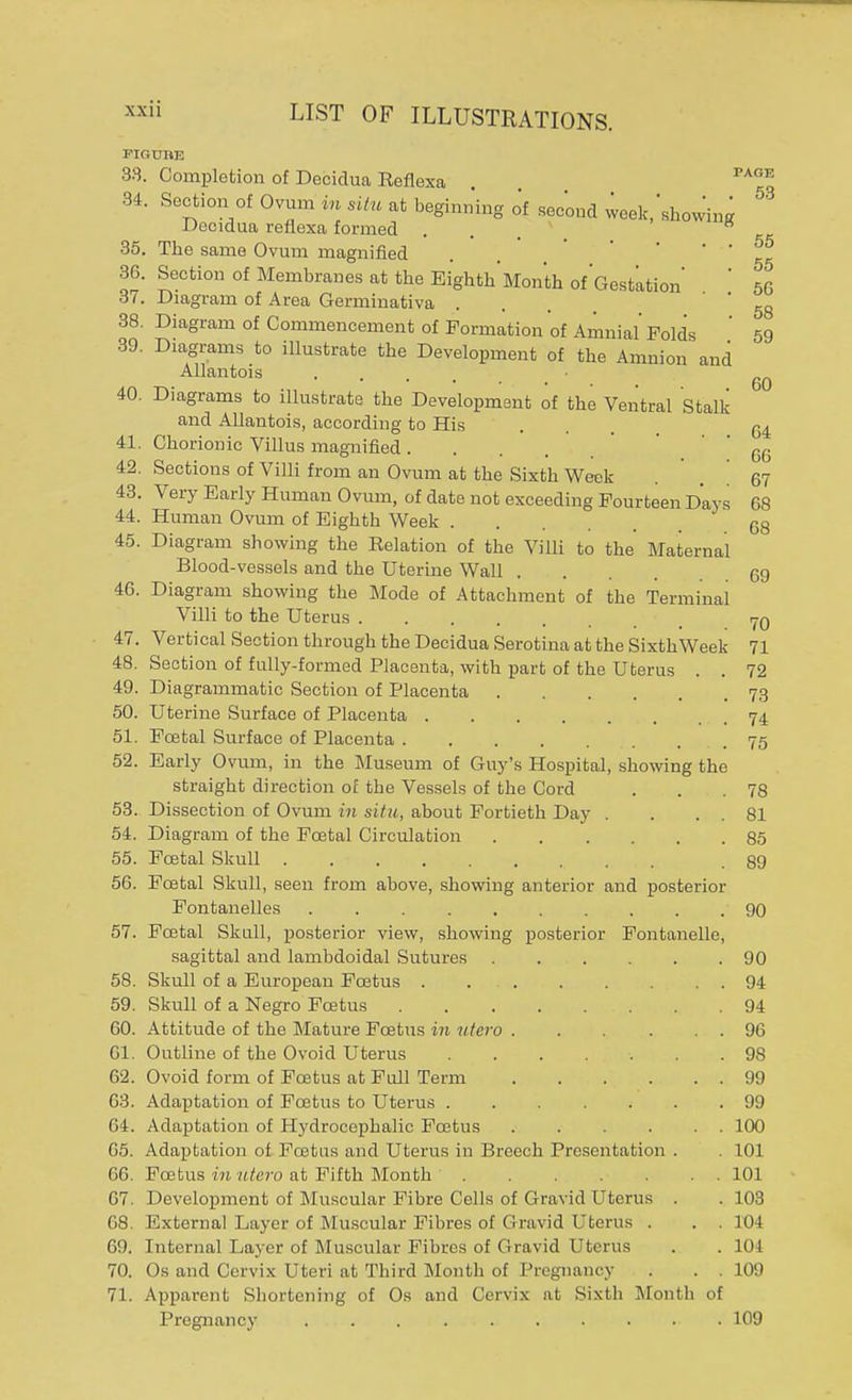 FIGUW3 33. Completion of Decidua Reflexa . PA^ 34. Section of Ovum in situ at beginning of second week/showing ' Deoidua reflexa formed . . K 35. Tbe same Ovum magnified . k 86. Section of Membranes at tbe EighthMonth of Gestation 56 87. Diagram of Area Germinativa .... ' ' 58 38. Diagram of Commencement of Formation of Amnial Folds  59 39. Diagrams to illustrate tbe Development of tbe Amnion and Allantois • ^ 40. Diagrams to illustrate tbe Development of tbe Ventral Stalk and Allantois, according to His ... 64 41. Chorionic Villus magnified 66 42. Sections of Villi from an Ovum at tbe Sixtb Week . 67 43. Very Early Human Ovum, of date not exceeding Fourteen Days 68 44. Human Ovum of Eigbth Week .... 68 45. Diagram showing the Relation of the Villi to the Maternal Blood-vessels and the Uterine Wall ... 69 46. Diagram showing tbe Mode of Attachment of tbe Terminal Villi to the Uterus 7q 47. Vertical Section through the Decidua Serotina at the SixtbWeek 71 48. Section of fully-formed Placenta, with part of the Uterus . . 72 49. Diagrammatic Section of Placenta 73 50. Uterine Surface of Placenta 74 51. Foetal Surface of Placenta . 75 52. Early Ovum, in the Museum of Guy's Hospital, showing the straight direction of tbe Vessels of tbe Cord . . . 78 53. Dissection of Ovum in situ, about Fortieth Day . . . . 81 54. Diagram of the Foetal Circulation 85 55. Fcetal Skull . .89 56. Fcetal Skull, seen from above, showing anterior and posterior Fontanelles 90 57. Foetal Skull, posterior view, showing posterior Fontanelle, sagittal and lambdoidal Sutures 90 58. Skull of a European Fcetus 94 59. Skull of a Negro Fcetus 94 60. Attitude of tbe Mature Fcetus in utero 96 61. Outline of the Ovoid Uterus ....... 98 62. Ovoid form of Fcetus at Full Term 99 63. Adaptation of Fcetus to Uterus 99 64. Adaptation of Hydrocepbalic Fcetus . . . . . . 100 65. Adaptation of Foetus and Uterus in Breech Presentation . . 101 66. Fcetus in utero at Fifth Month 101 67. Development of Muscular Fibre Cells of Gravid Uterus . . 103 68. External Layer of Muscular Fibres of Gravid Uterus . . . 104 69. Internal Layer of Muscular Fibres of Gravid Uterus . . 104 70. Os and Cervix Uteri at Third Month of Pregnancy . . . 109 71. Apparent Shortening of Os and Cervix at Sixth Month of Pregnancy 109