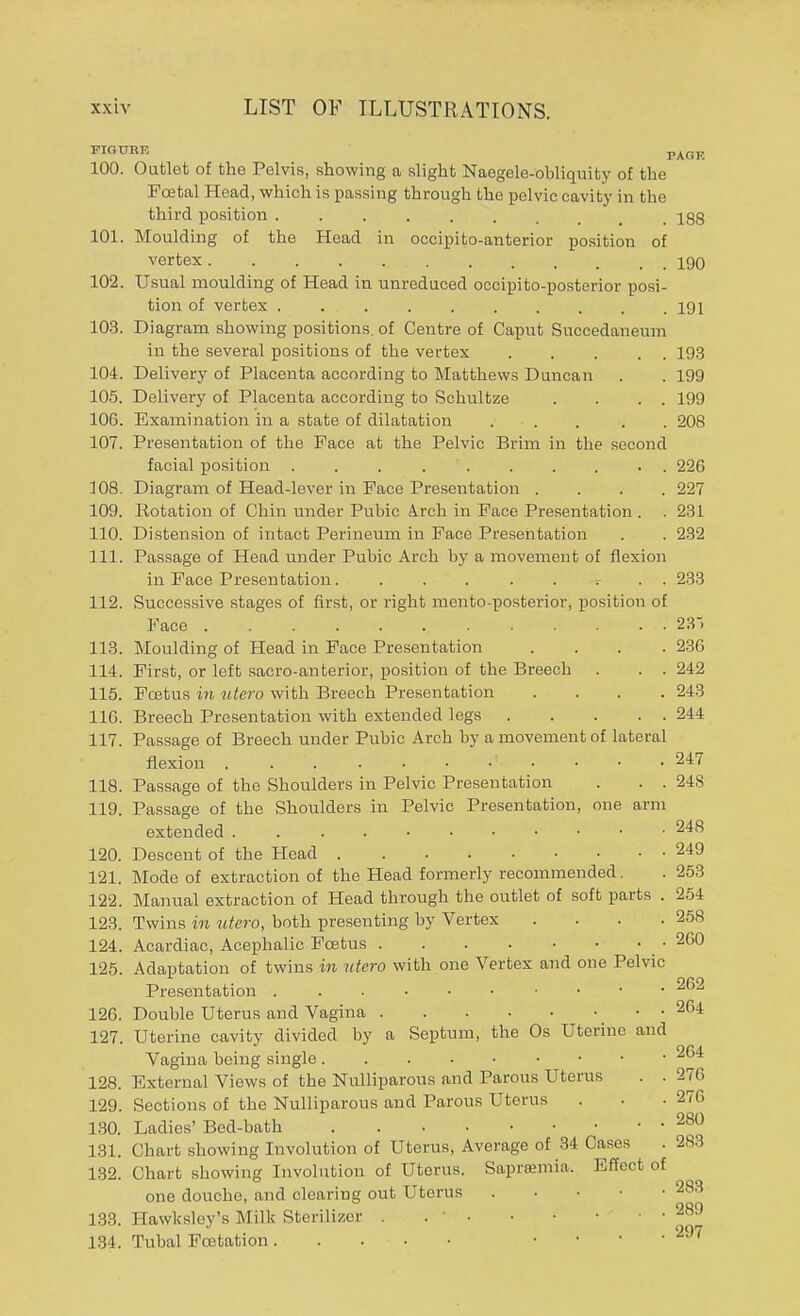 FIGURK pAnK 100. Outlet of the Pelvis, showing a slight Naegele-obliquity of the Foetal Head, which is passing through the pelvic cavity in the third position . \qq 101. Moulding of the Head in occipitoanterior position of vertex igo 102. Usual moulding of Head in unreduced occipito-posterior posi- tion of vertex . . . 191 103. Diagram showing positions, of Centre of Caput Succedaneum in the several positions of the vertex 193 104. Delivery of Placenta according to Matthews Duncan . . 199 105. Delivery of Placenta according to Schultze . . . . 199 106. Examination in a state of dilatation ..... 208 107. Presentation of the Face at the Pelvic Brim in the second facial position . . . *. . . . . . 22G 108. Diagram of Head-lever in Face Presentation .... 227 109. Rotation of Chin under Pubic Arch in Face Presentation . . 231 110. Distension of intact Perineum in Face Presentation . . 232 111. Passage of Head under Pubic Arch by a movement of flexion in Face Presentation. . . . . •- . . 233 112. Successive stages of first, or right mento posterior, position of Face 23) 113. Moulding of Head in Face Presentation .... 236 114. First, or left sacro-anterior, position of the Breech . . . 242 115. Foetus in ute.ro with Breech Presentation .... 243 116. Breech Presentation with extended legs 244 117. Passage of Breech under Pubic Arch by a movement of lateral flexion '• .... 247 118. Passage of the Shoulders in Pelvic Presentation . . . 248 119. Passage of the Shoulders in Pelvic Presentation, one arm extended 248 120. Descent of the Head 249 121. Mode of extraction of the Head formerly recommended. . 253 122. Manual extraction of Head through the outlet of soft parts . 254 123. Twins in titero, both presenting by Vertex . . . .258 124. Acardiac, Acephalic Foetus • 260 125. Adaptation of twins in utero with one Vertex and one Pelvic Presentation • • ■ 262 126. Double Uterus and Vagina . 264 127. Uterine cavity divided by a Septum, the Os Uterine and Vagina being single 2^4 128. External Views of the Nulliparous and Parous Uterus . . 276 129. Sections of the Nulliparous and Parous Uterus . . .276 130. Ladies' Bed-bath 280 131. Chart showing Involution of Uterus, Average of 34 Cases . 283 132. Chart showing Involution of Uterus. Saprsemia. Effect of one douche, and clearing out Uterus 283 133. Hawksloy's Milk Sterilizer . . • 28^ 134. Tubal Fcetation .... 297
