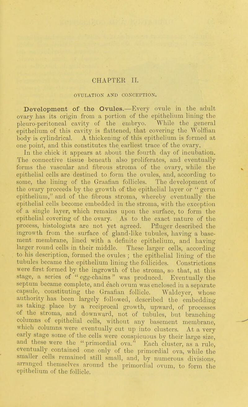 CHAPTER IT. OVULATION and conception. Development of the Ovules.—Every ovule in the adult ovary has its origin from a portion of the epithelium lining the pleuro-peritoneal cavity of the embryo. While the general epithelium of this cavity is flattened, that covering the Wolffian body is cylindrical. A thickening of this epithelium is formed at one point, and this constitutes the earliest trace of the ovary. In the chick it appears at about the fourth day of incubation. The connective tissue beneath also proliferates, and eventually forms the vascular and fibrous stroma of the ovary, while the epithelial cells are destined to form the ovules, and, according to some, the lining of the Graafian follicles. The development of the ovary proceeds by the growth of the epithelial layer or  germ epithelium, and of the fibrous stroma, whereby eventually the epithelial cells become embedded in the stroma, with the exception of a single layer, which remains upon the surface, to form the epithelial covering of the ovary. As to the exact nature of the process, histologists are not yet agreed. Pfluger described the ingrowth from the surface of gland-like tubules, having a base- ment membrane, lined with a definite epithelium, and having larger round cells in their middle. These larger cells, according to his description, formed the ovules ; the epithelial lining of the tubules became the epithelium lining the follicides. Constrictions were first formed by the ingrowth of the stroma, so that, at this stage, a series of  egg-chains  was produced. Eventually the septum became complete, and each ovum was enclosed in a separate capsule, constituting the Graafian follicle. Waldeyer, whose authority has been largely followed, described the embedding as taking place by a reciprocal growth, upward, of processes of the stroma, and downward, not of tubules, but branching- columns of epithelial cells, without any basement membrane, which columns were eventually cut up into clusters. At a very early stage some of the cells were conspicuous by their large size, and these were the primordial ova. Each cluster, as a rule, eventually contained one only of the primordial ova, while the smaller cells remained still small, and, by numerous divisions, arranged themselves around the primordial ovum, to form the epithelium of the follicle.