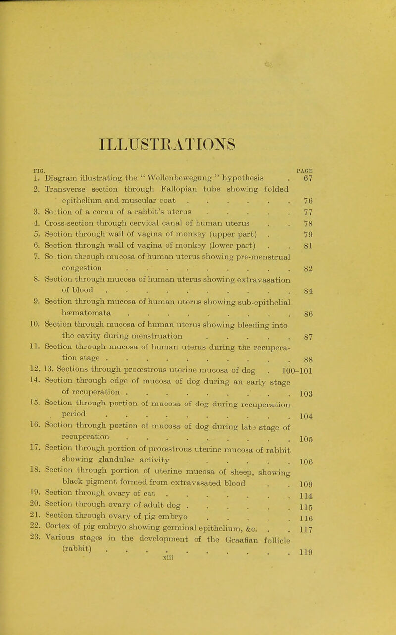 ILLUSTEATIONS FIG. PAGE 1. Diagram illustrating the  Wellenbewegung  hypothesis . 67 2. Transverse section tlirough Fallopian tube sho-nang folded epitheHiim and muscular coat ...... 76 3. Se:tion of a cornu of a rabbit's viterus ..... 77 4. Cross-section through cervical canal of human uterus . . 78 5. Section through wall of vagina of monkey (upper part) . 79 6. Section through wall of vagina of monkey (lower part) . . 81 7. Se tion through mucosa of human uterus showing pre-menstrual congestion ......... 82 8. Section through mucosa of human uterus showing extravasation of blood .......... 84 9. Section through mucosa of htmnan uterus showing sub-epithelial hfematomata ......... 86 10. Section through mucosa of human uterus showing bleeding into the cavity during menstruation . . . . .87 11. Section tlirough mucosa of human uterus during the recupera- tion stage .......... 88 12. 13. Sections through prooestrous uterine mucosa of dog . 100-101 14. Section through edge of mucosa of dog diu-ing an early stage of recuperation . . . . . . . . .103 15. Section through portion of mucosa of dog dm-ing recuperation period jq^. 16. Section through portion of mucosa of dog during lats stage of recuperation 105 17. Section through portion of prooestrous uterine mucosa of rabbit showing glandular activity iqq 18. Section through portion of uterine mucosa of sheep, showing black pigment formed from extravasated blood . . 109 19. Section tlirough ovary of cat . . . . . , .114 20. Section through ovary of adult dog 21. Section through ovary of pig embryo . . . . .116 22. Cortex of pig embryo showing germinal epithelium, &c. , . 117 23. Various stages in the development of the Graafian follicle (rabbit)