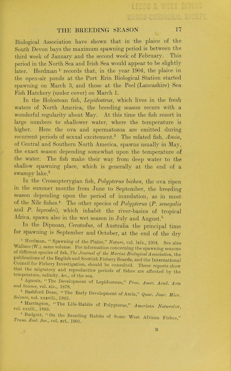 Biological Association have shown that in the plaice of the South Devon bays the maximum spawning period is between the third week of January and the second week of February. This period in the North Sea and Irish Sea would appear to be shghtly later. Herdman ^ records that, in the year 1904, the plaice in the open-air ponds at the Port Erin Biological Station started spawning on March 3, and those at the Peel (Lancashire) Sea Fish Hatchery (under cover) on March 1. In the Holostean fish, Lepidosteus, which hves in the fresh waters of North America, the breeding season recurs with a wonderful regularity about May. At this time the fish resort in large numbers to shallower water, where the temperature is higher. Here the ova and spermatozoa are emitted during recurrent periods of sexual excitement.^ The related fish, Amia, of Central and Southern North America, spawns usually in May, the exact season depending somewhat upon the temperature of the water. The fish make their way from deep water to the shallow spawning place, which is generally at the end of a swampy lake.^ In the Crossopterygian fish, Polypterus hichea, the ova ripen in the summer months from June to September, the breeding season depending upon the period of inundation, as in most of the Nile fishes.* The other species of Polypterus {P. senegalis and P. laprodei), which inhabit the river-basins of tropical Africa, spawn also in the wet season in July and August.^ In the Dipnoan, Ceratodus, of AustraUa the principal time for spawning is September and October, at the end of the dry 1 Herdman,  Spawning of the Plaice, Nature, vol. Ixi.x., 1904. See also Wallace (W.), same volume. For information concerning the spawning seasons of different species of fish, The Journal of the Marine Biological Association, the publications of the English and Scottish Fishery Boards, and the Internationa] Council for Fishery Investigation, should be consulted. These reports show that the migratory and reproductive periods of iishes are affected by the temperature, salinity, &c., of the sea. = Agassiz, The Development of Lepidosteus, Proc. Amer. Acad. Arts and Science, vol. xiv., 1878. ■> Bashford Dean, The Early Development of Amia, Quar. Jour Micr Science, vol. xxxviii., 1895. Harrington The Life-Habits of Polypterus, America^i Naturalist, vol. xxxiii., 1899. = Budgett, On the Breeding Habits of Some West African Fishes, Irans. Zool. Son., vol. xvi., 1901. B