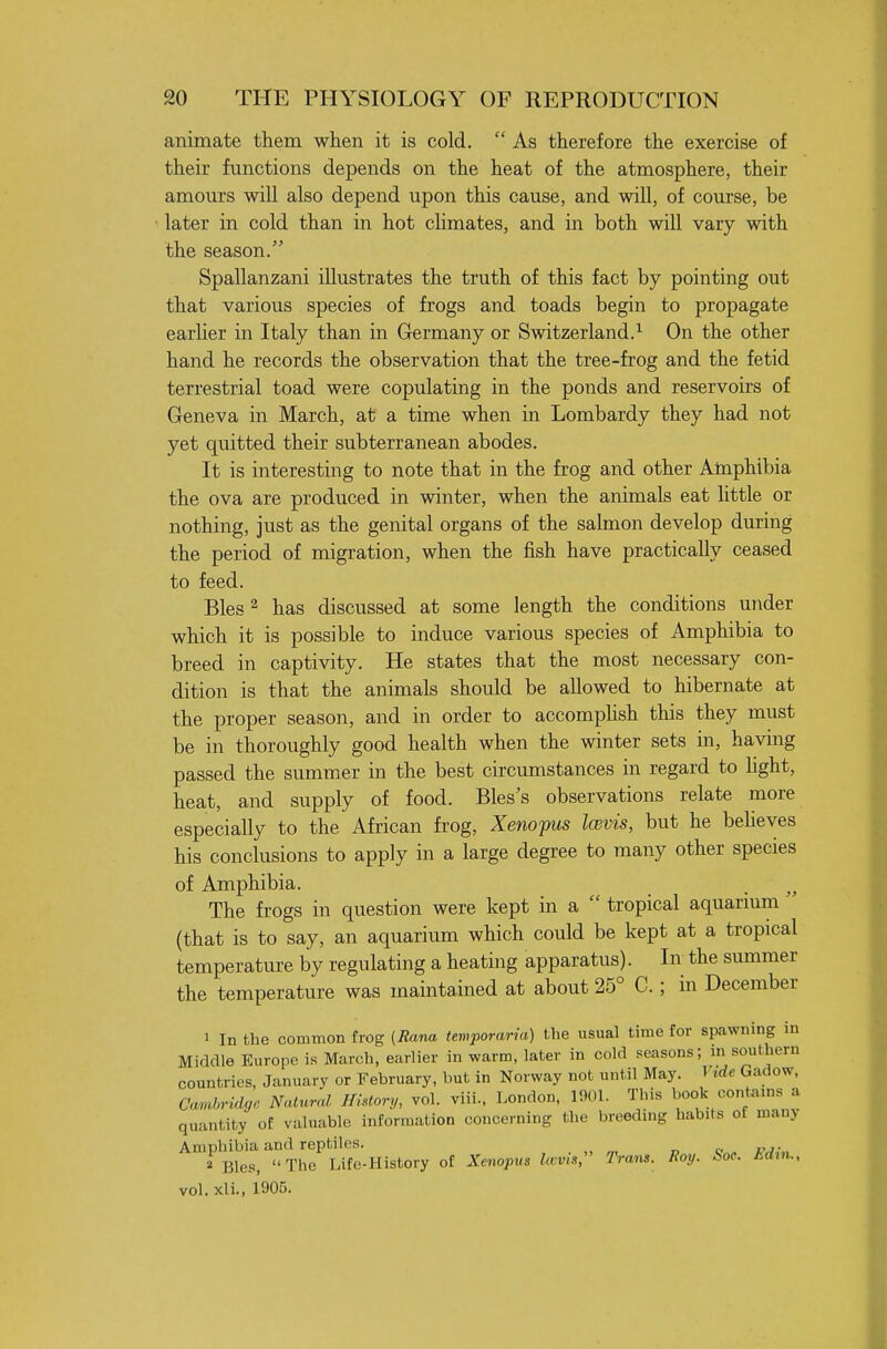 animate them when it is cold.  As therefore the exercise of their functions depends on the heat of the atmosphere, their amours will also depend upon this cause, and will, of course, be later in cold than in hot climates, and in both will vary with the season. Spallanzani illustrates the truth of this fact by pointing out that various species of frogs and toads begin to propagate earUer in Italy than in Germany or Switzerland.'^ On the other hand he records the observation that the tree-frog and the fetid terrestrial toad were copulating in the ponds and reservoirs of Geneva in March, at a time when in Lombardy they had not yet quitted their subterranean abodes. It is interesting to note that in the frog and other Amphibia the ova are produced in winter, when the animals eat Httle or nothing, just as the genital organs of the salmon develop during the period of migration, when the fish have practically ceased to feed. Bles 2 has discussed at some length the conditions under which it is possible to induce various species of Amphibia to breed in captivity. He states that the most necessary con- dition is that the animals should be allowed to hibernate at the proper season, and in order to accomphsh this they must be in thoroughly good health when the winter sets in, having passed the summer in the best circumstances in regard to hght, heat, and supply of food. Bles's observations relate more especially to the African frog, Xenofus Icevis, but he beheves his conclusions to apply in a large degree to many other species of Amphibia. , The frogs in question were kept in a  tropical aquarmm (that is to say, an aquarium which could be kept at a tropical temperature by regulating a heating apparatus). In the summer the temperature was maintained at about 25° C.; in December 1 In the common frog {Rana temporaria) the usual time for spawning in Middle Europe is March, earlier in warm, later in cold seasons; in southern countries, January or February, but in Norway not until May. 1 >de Gadow, Carahridg. Natural Hhtory, vol. viii.. T.ondon, 1901. This book oont.nins a quantity of valuable information concerning the brcednig habits of many Amphibia and reptiles. „ c 2 Bles, The Life-History of Xcnopus Uvvh; Trans. Rot,. Soc. hdin., vol. xli., 1905.