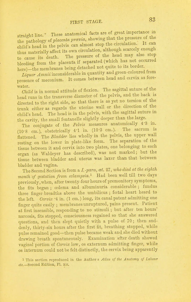 straight line. These anatomical facts are of great importance in the pathology of placenta prcevia, showing that the pressure of the Mld's head'n the pelvis can almost stop the circulation It can thus materially affect its own circulation, although scarcely enough to cause its death. The pressure of the head may also stop bleeding from the placenta if separated (which has not occurred here)-the membranes being detached not quite to its border Liquor Amnii inconsiderable in quantity and green-coloured from presence of meconium. It comes between head and cervix as fore- Child is in normal attitude of flexion. The sagittal suture of the head runs in the transverse diameter of the pelvis, and the back is directed to the right side, so that there is as yet no torsion of the trunk either as regards the uterine wall or the dnection of the child's head. The head is in the pelvis, with the sagittal suture m the cavity, the small fontaneUe slightly deeper than the large. The conjugate of the Pelvis measures anatomically 43 m. (10-8 cm.), obstetrically 41 in. (10-3 cm.). The sacrum is flattened. The Bladder lies wholly in the pelvis, the upper wall resting on the lower in plate-like form. The separation of the tissue between it and cervix into two plates, one belonging to each organ (as Waldeyer has described), was not marked; but the tis°sue between bladder and uterus was laxer than that between bladder and vagina. The Second Section is from a I. -para, cet. 27, who died at the eighth month of gestation from eclampsia.1 Had been well till two days previously, when, after twenty-four hours of premonitory symptoms, the fits began ; oedema and albuminuria considerable ; fundus three finger-breadths above the umbilicus ; foetal heart heard to the left. Cervix -4 in. (1 cm.) long, its canal patent admitting one finger quite easily ; membranes unruptured, pains present. Patient at first insensible, responding to no stimuli; but after ten hours' narcosis, fits stopped, consciousness regained so that she answered questions, and then slept quietly with a pulse of 70; then sud- denly, thirty-six hours after the first fit, breathing stopped, while pulse remained good—then pulse became weak and she died without drawing breath spontaneously. Examination after death showed vagina] portion of Cervix low, os externum admitting finger, while os internum could not be felt distinctly, the cervix being apparently i This section reproduced in the Authors Atlas of the Anatomy of Labour