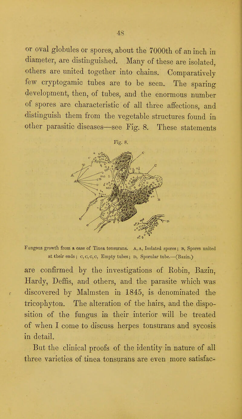 or oval globules or spores, about the 7000th of an inch in diameter, are distinguished. Many of these are isolated, others are united together into chains. Comparatively few cryptogamic tubes are to be seen. The sparing development, then, of tubes, and the enormous number of spores are characteristic of all three affections, and distinguish them from the vegetable structures found in other parasitic diseases—see Fig. 8. These statements Fig. 8. Fungous growth from a case of Tinea tonsurans. A, A, Isolated spores; b, Spores united at their ends; c,c,c,c, Empty tubes; d, Sporular tube.—(Bazin.) are confirmed by the investigations of Robin, Bazin, Hardy, Deffis, and others, and the parasite which was discovered by Malmsten in 1845, is denominated the tricophyton. The alteration of the hairs, and the dispo- sition of the fungus in their interior will be treated of when I come to discuss herpes tonsurans and sycosis in detail. But the clinical proofs of the identity in nature of all three varieties of tinea tonsurans are even more satisfac-