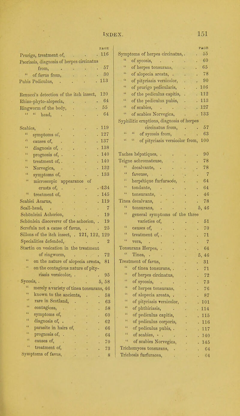 FAOE Prurigo, treatment of, . • 116 Psoriasis, diagnosis of herpes circinatus from, . . . .57 of favus from, . . .30 Pubis Pediculns, . . • .113 Renucci's detection of the itch insect, 120 Rhizo-phyto-alopecia, . . .64 Ringworm of the body, . ■ 55 head 64 Scahies, 119 symptoms of, ... 127 11 causes of, ... 137 diagnosis of, . . . . 138 prognosis of, . . . • 140 treatment of,. . . . 140 Norvegica, .... 132 symptoms of, ... 133 microscopic appearance of crusts of, . . . . 134 treatment of, ... 145 Scabiei Acarus, . . . .119 Scall-head, 7 SchSnleini Achorion, . . .19 Schonlein discoverer of the achorion, . 19 Scrofula not a canse of favus, . .25 Sillons of the itch insect, . 121,122,129 Specialities defended, ... 2 Startin on vesication in the treatment of ringworm, . . .72 on the nature of alopecia areata, 81 •' on the contagious nature of pity- riasis versicolor, . . .95 Sycosis, 5, 58 merely avariety of tinea tonsurans, 46 known to the ancients, . . 58 rare in Scotland, . . 63 contagiosa, . . 58 symptoms of, . 60 diagnosis of, . . 62 parasite in hairs of, . 66 prognosis of, . . 64 causes of, . 70 treatment of, . 73 Symptoms of favus, . 8 PAGE Symptoms of herpes circinatus,. . 55 of sycosis, . 60 of herpes tonsurans, . 65 of alopecia areata, . . 78 of pityriasis versicolor, . 90 of prurigo pedicularis, . 106 of the pediculus capitis, . . 112 of the pediculus pubis, . 113 of scabies, . 127 of scabies Norvegica, . 133 Syphilitic eruptions, diagnosis of herpes circinatus from, . 57 of sycosis from, . 63 of pityriasis versicolor from, 100 Taches hepatiques, . . 90 Teigne achromateuse, . 78 decalvante, . ... . 78 faveuse, . . . 7 herpe'tique furfurace'e, . 64 tondante, . 64 tonsurante, . . 46 Tinea decalvans, . . 78 tonsurans, 5, 46 general symptoms of the three varieties of, . 51 causes of, . 70 treatment of, . . 71 vera, . 7 Tonsurans Herpes, . . 64 Tinea, . 5, 46 Treatment of favus, . 31 of tinea tonsurans, . . 71 of herpes circinatus, . 72 of sycosis, . 73 of herpes tonsurans, . 76 of alopecia areata, . . 87 of pityriasis versicolor, . 101 of phthiriasis, . 114 of pediculus capitis, . 115 of pediculus corporis, . 116 of pediculus pubis, . . 117 of scabies, > . . 140 of scabies Norvegica, . 145 Trichomyccs tonsurans, . . G4 Trichosis furfuracca, . 64