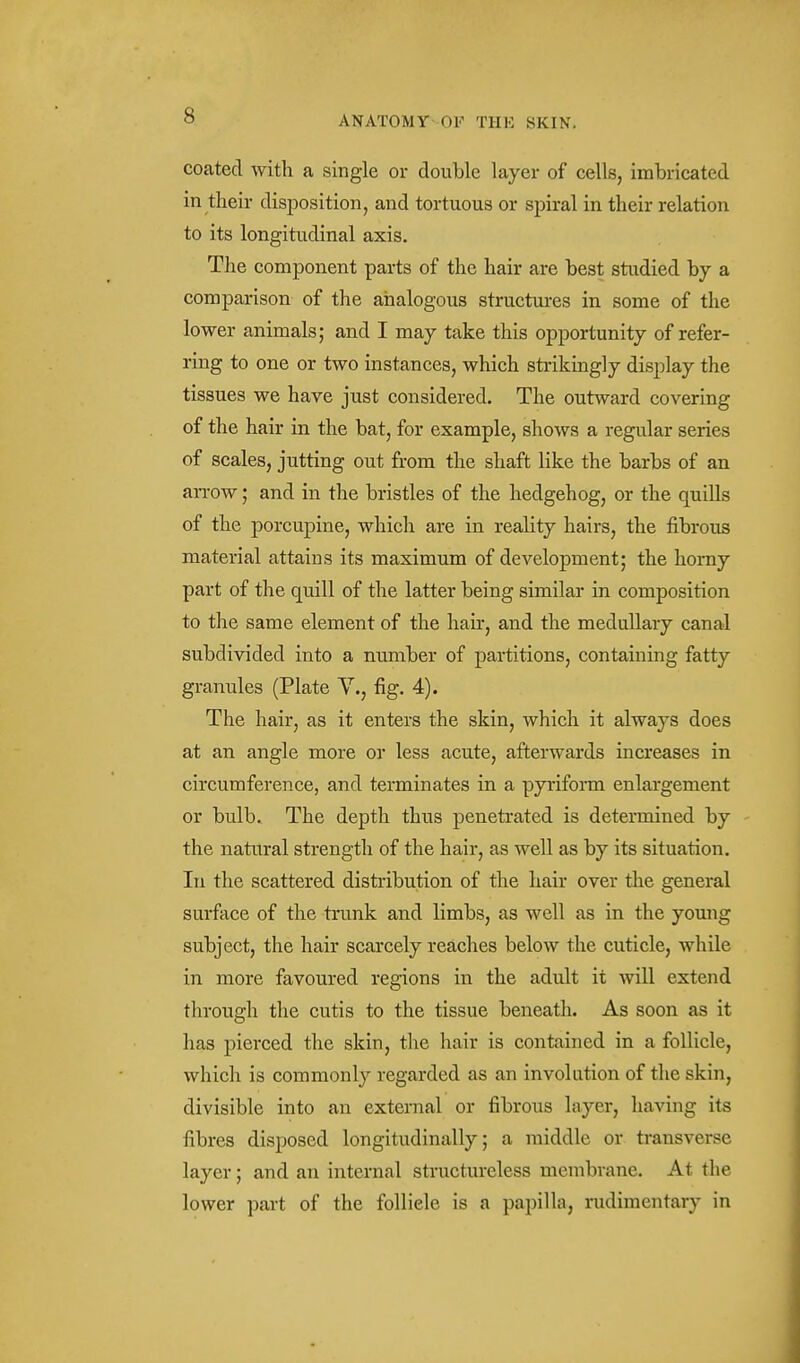 coated with a single or double layer of cells, imbricated in their disjoosition, and tortuous or spiral in their relation to its longitudinal axis. The component parts of the hair are best studied by a comparison of the analogous structures in some of the lower animals; and I may take this opportunity of refer- ring to one or two instances, which strikingly display the tissues we have just considered. The outward covering of the hair in the bat, for example, shows a regular series of scales, jutting out from the shaft like the barbs of an arrow; and in the bristles of the hedgehog, or the quills of the porcupine, which are in reality hairs, the fibrous material attains its maximum of development; the horny part of the quill of the latter being similar in composition to the same element of the hair, and the medullary canal subdivided into a number of partitions, containing fatty granules (Plate V., fig. 4). The hair, as it enters the skin, which it always does at an angle more or less acute, afterwards increases in circumference, and terminates in a pyriform enlargement or bulb. The depth thus penetrated is determined by the natural strength of the hair, as well as by its situation. In the scattered distribution of the hair over the general surface of the trunk and limbs, as well as in the young subject, the hair scarcely reaches below the cuticle, while in more favoured regions in the adult it will extend through the cutis to the tissue beneath. As soon as it has pierced the skin, the hair is contained in a follicle, which is commonly regarded as an involution of the skin, divisible into an external or fibrous layer, having its fibres disposed longitudinally; a middle or transverse layer; and an internal structureless membrane. At the lower part of the foUiele is a papilla, rudimentary in