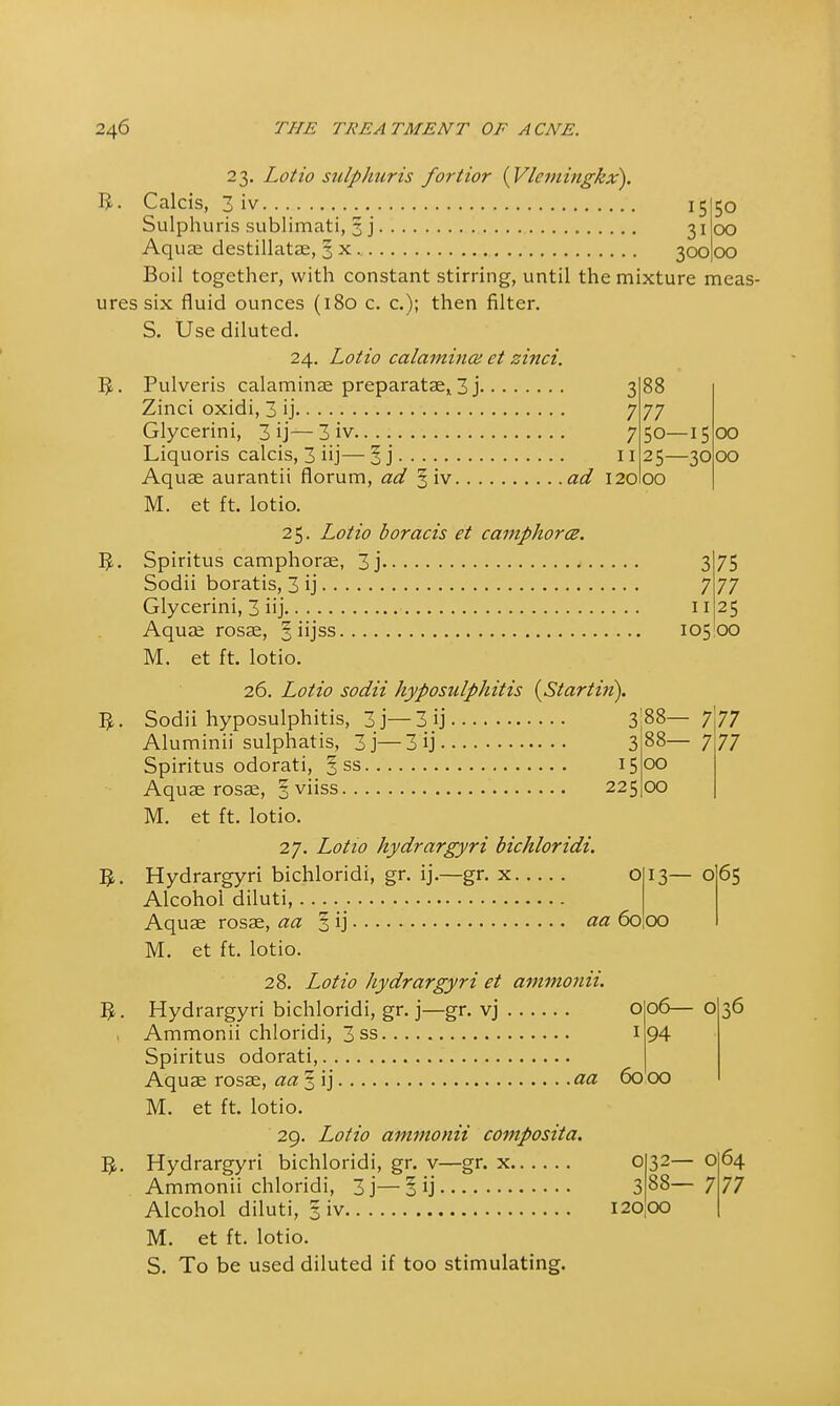 50 OO OO 23. Lotto sulphuris fortior {Vlcmingkx). I£. Calcis, 3 iv 15 Sulphuris sublimati, 3 j 31 Aquas destillatae, 3 x 300* Boil together, with constant stirring, until the mixture meas- ures six fluid ounces (180 c. c); then filter. S. Use diluted. 24. Lotio calamine! et zinci. 5. Pulveris calaminse preparatae^ 3 j 388 Zinci oxidi, 3 ij 7 77 Glycerini, 3 ij— 3 iv 7 50- Liquoris calcis, 3 iij— § j 11 25- Aquae aurantii florum, ad § iv ad 12000 M. et ft. lotio. 25. Lotio boracis et camphor<z. 5. Spiritus camphorae, 3j • Sodii boratis, 3 ij Glycerini, 3 iij -15 -30 00 OO 3 75 7 77 11 25 105 00 88- 00 00 M. et ft. lotio. 26. Lotio sodii hyposulphitis (Startin). . Sodii hyposulphitis, 3 j— 3 ij 3 88— Aluminii sulphatis, 3j—3 ij 3 Spiritus odorati, | ss 15 Aquae rosae, § viiss 225 M. et ft. lotio. 27. Lotio hydrargyri bichloridi. 5. Hydrargyri bichloridi, gr. ij.—gr. x o Alcohol diluti, Aquae rosae, aa § ij aa 60 M. et ft. lotio. 28. Lotio hydrargyri et ammonii. $. Hydrargyri bichloridi, gr. j—gr. vj O Ammonii chloridi, 3 ss 1 Spiritus odorati, Aquae rosae, aa 3 ij aa 6000 M. et ft. lotio. 29. Lotio ammonii composita. 5. Hydrargyri bichloridi, gr. v—gr. x o Ammonii chloridi, 3j—3 ij 3 Alcohol diluti, %W 120 M. et ft. lotio. S. To be used diluted if too stimulating. 77 77 13— o 00 06— 94 65 32— 88— 00 64 77