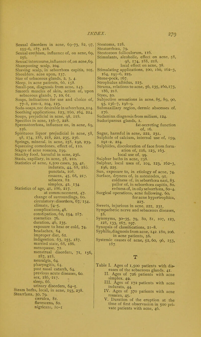 Sexual disorders in acne, 69-73, 82, 97, 155-6, 187, 218. Sexual erethism, influence of, on acne, 69, 156. Sexual intercourse,influence of.on acne,69. Shampooing scalp, 104. Shaving scalp, in seborrhoea capitis, 105. Shoulders, acne upon, 137. Size of sebaceous glands, 2, 3, 4. Sleep, in acne patients, 66. 158. Small-pox, diagnosis from acne, 143. Smooth muscles of skin, action of, upon sebaceous glands, 7, 10, 61. Soaps, indications for use and choice of, 77-S, 100-1, 104, 123. Soda-soaps, not desirable in seborrhoea, 104. Soothing applications, 123, 160, 164, 224. Soups, prejudicial in acne, 98, 218. Specifics in acne, 156-7, 228. Spermatorrhoea, influence on, in acne, 69, 156. Spirituous liquor prejudicial in acne, 58, 98, 174, 188, 218, 221, 235, 236. Springs, mineral, in acne, 158, 192, 239. Squeezing comedones, effect of, 110. Stages of acne rosacea, 199. Starchy food, harmful in acne, 236. Stasis, capillary, in acne, 58, 210. Statistics of acne, 1,500 cases, 39, 41. indurata, 44, 68, i85. punctata, roS. rosacea, 45, 68, 217. sebacea, 82. simplex, 42, 134. Statistics of age, 41, 186, 217. at commencement, 47. change of surroundings, 60. circulatory disorders, 67, 154. climate, 74-5. complications, 48. constipation, 62, 154, 1S7. cosmetics 76. duration, 46, 135. exposure to heat or cold, 74. headaches, 64. improper diet, 61. indigestion, 63, 155, 187. married state, 63, 186. menopause, 72. menstrual disorders, 71, 156, 1S7, 218. neuralgia, 64. pharyngitis, 64. post nasal catarrh, 64. previous acute diseases, 60. sex, 186, 217. sleep, 66. urinary disorders, 64-5. Steam baths, local, in acne, 193, 238. Stearrhcea, 30, 79. cxrulea, 81. flavescens, 80. nigricans, So-I Steatoma, 12S. Steatorrho-'a, 79. Steatozoon folliculorum, 116. Stimulants, alcoholic, effect on acne, 58, 98, 174, 188, 218. local effect on acne, 78. Stimulating applications, 100, 160, 162-3, 164, 195-6, 225. Stone-pock, 167. Strophulus albidus, 123. Struma, relations to acne, 56, 135, 160,173, 186, 218. Styes, 50. Subjective sensations in acne, 85, 89, 90, 93, 136-7, 198-9. Submaxillary region, dermic abscesses of, 176. Sudamina.diagnosis from milium, 124. Sudoriparous glands, I. fat-secreting function of, 16. Sugar, harmful in acne, 222, 231. Sulphide of calcium, internal use of, 159^ 191-2, 224. Sulphides, discoloration of face from form- ation of, 116, 123, 163. local use of, 99. Sulphur baths in acne, 238. Sulphur, local uses of, 104, 123, 162-3, 196, 225. Sun, exposure to, in etiology of acne, 74. Surface, dryness of, in asteatodes, 91. coldness of, in seborrhoea nasi, 83. pallor of, in seborrhoea capitis, 80. redness of, in oily seborrhoea, 80-4. Surgical operations, acne following, 60. for acne hypertrophica, 227. Sweets, injurious in acne, 222, 231, Sympathetic nerve and sebaceous diseases, 58. Synonyms, 30-35. 79. So, 81, 107, 123, 128, 133, 167, 197. Synopsis of classifications, 21-8. Syphilis,diagnosis from acne, 142, 1S0, 206. in acne patients, 56. Systemic causes of acne, 52,60, 96, 153, 187. T Table I. Ages of 1,500 patients with dis- eases of the sebaceous glands, 41. II. Ages of 726 patients with acne simplex. 42. III. Ages of 172 patients with acne indurata, 44. IV. Ages of 370 patients with acne rosacea, 45. V. Duration of the eruption at the time of first observasion in 500 pri- vate patients with acne, 46.